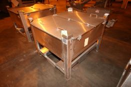 S/S Double Hinge Lid Bins, Aprox. 48-1/2" L x 41-1/2" W x 17" Deep, with Bottom Outlet and Fork