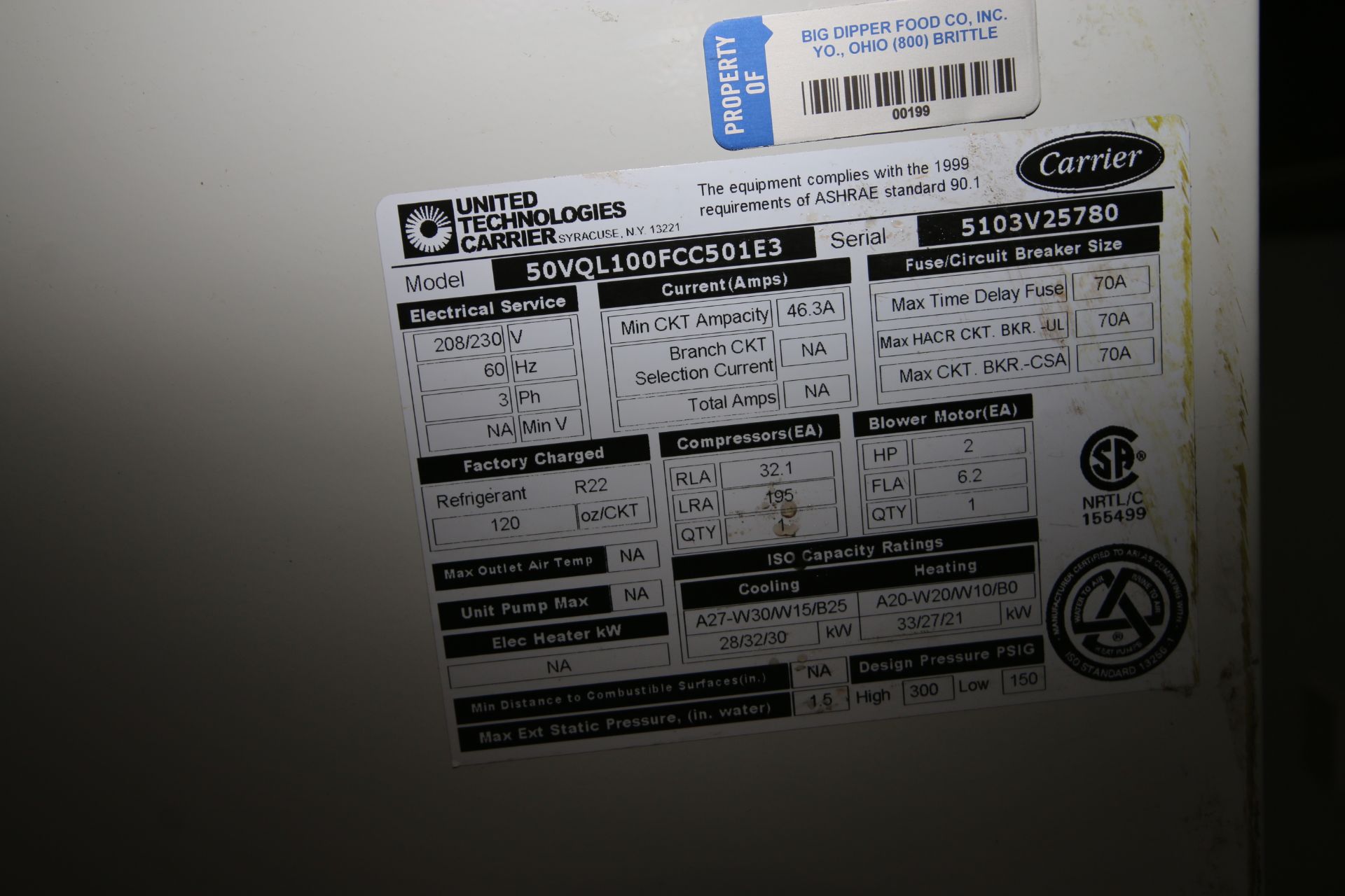 Carrier Air Conditioning Unit, M/N 50VQL100FCC501E3, S/N 5103V25780, 208/230 Volts (LOCATED IN - Image 2 of 2