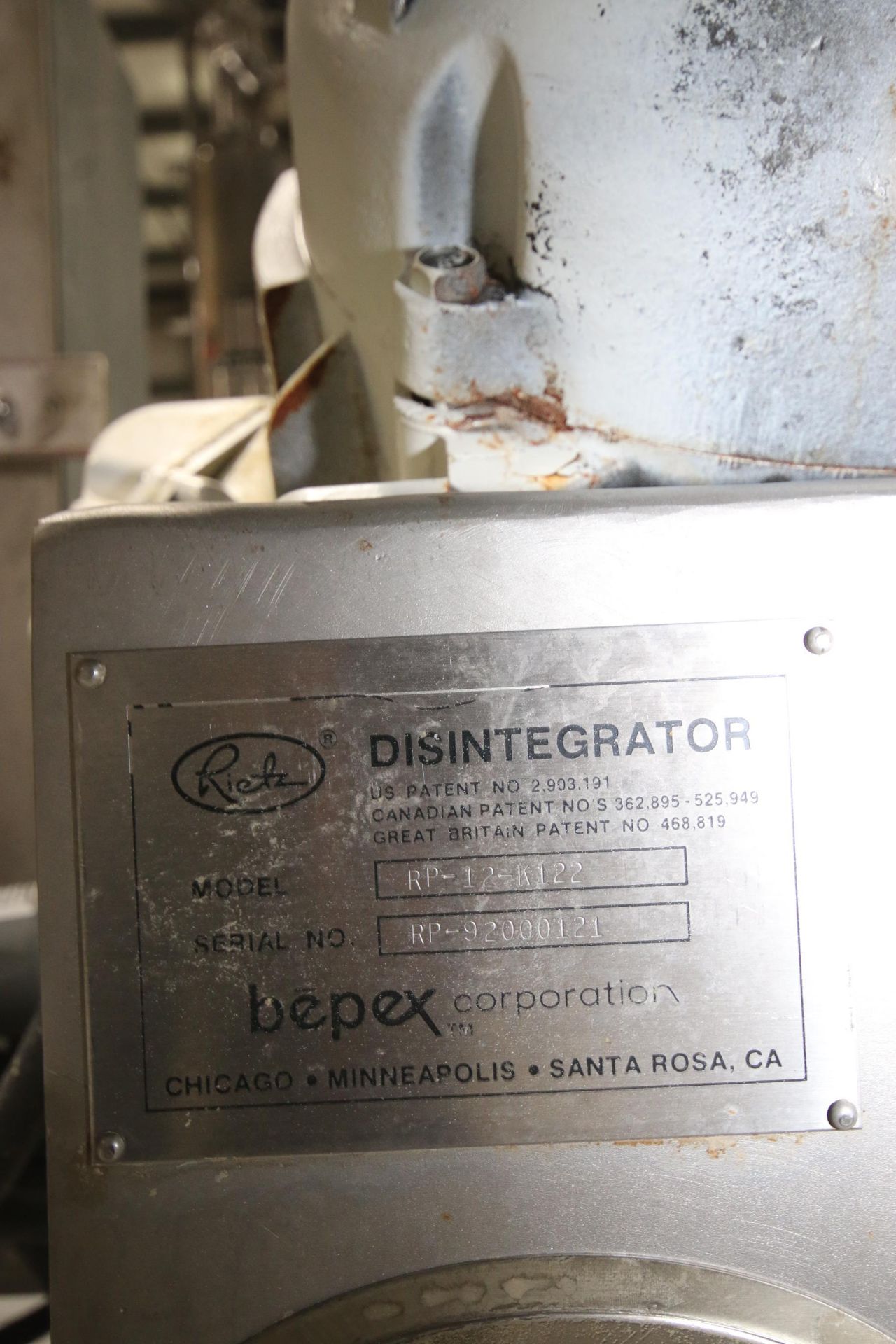 Rietz S/S Disintegrator, M/N RP-12-K122, S/N RP-92000121, with Baldor 15 hp Motor, 1760 RPM, 230/460 - Image 3 of 9