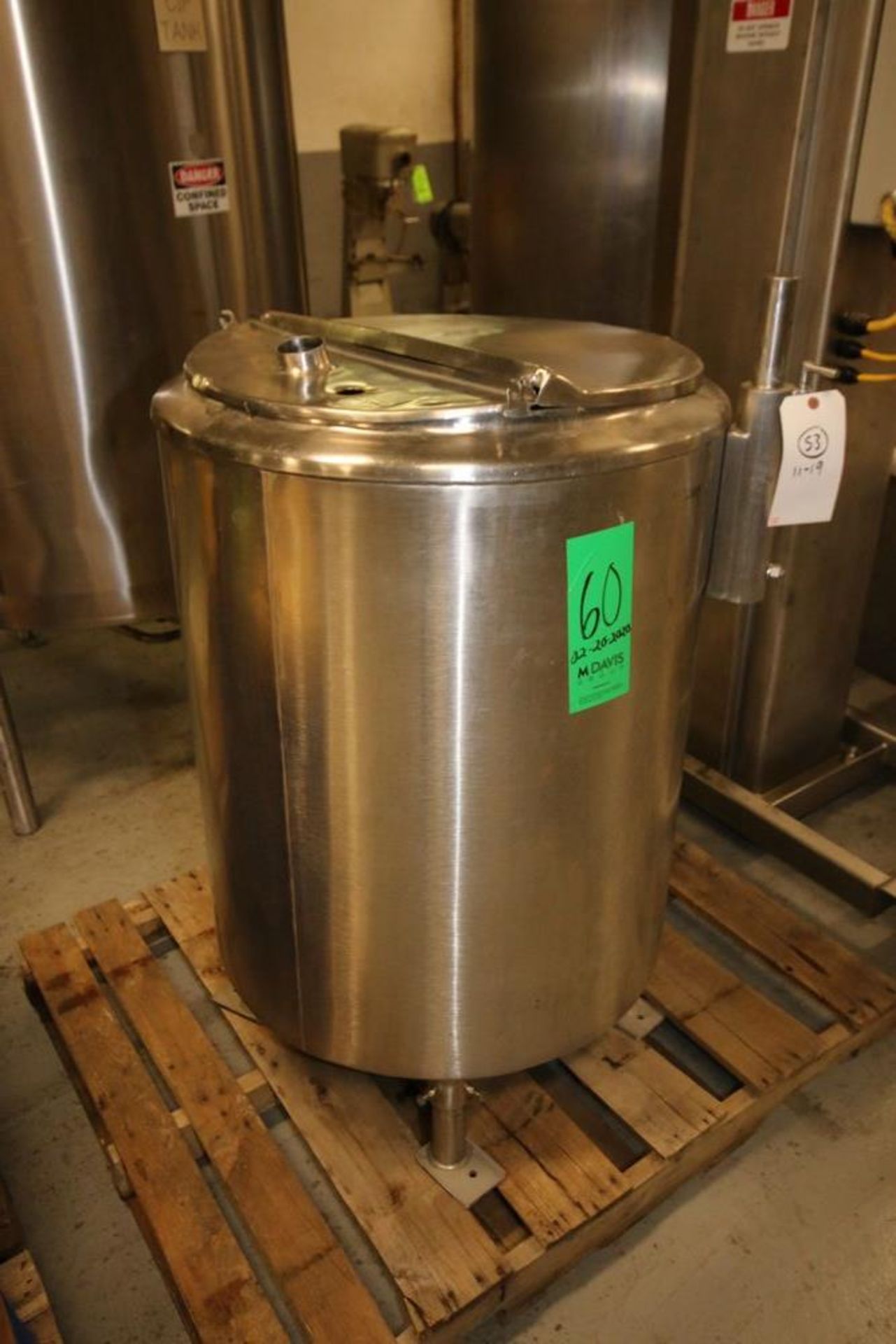 Aprox. 50 Gal. S/S Jacketed Vertical Tank, with Slope Bottom, Mounted on S/S Legs, Tank Dims.:
