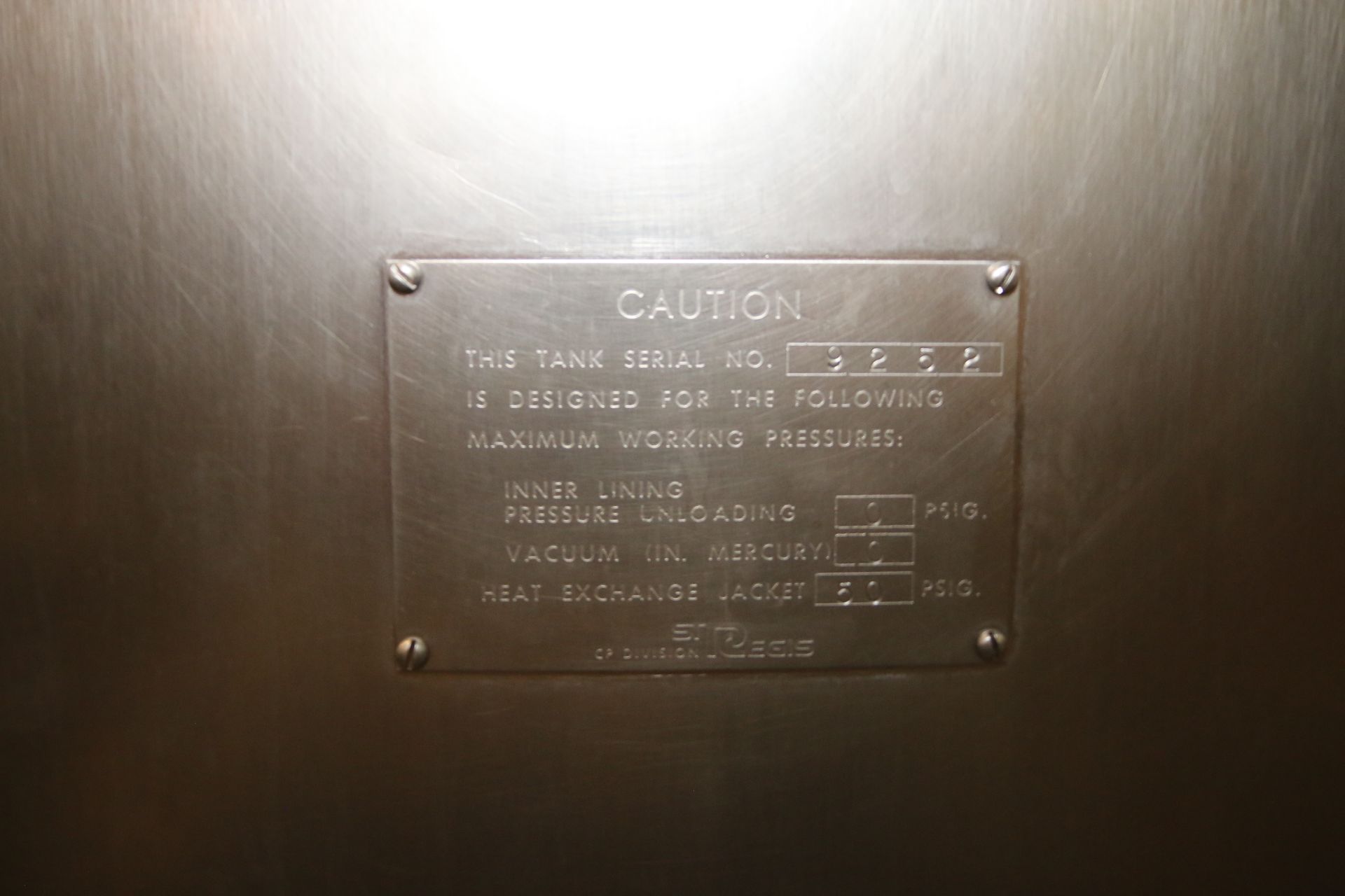 St. Regis 500 Gal. S/S Processor, S/N 450-9252, with 50 PSIG Heat Exchange Jacket, with (2) S/S - Image 5 of 7