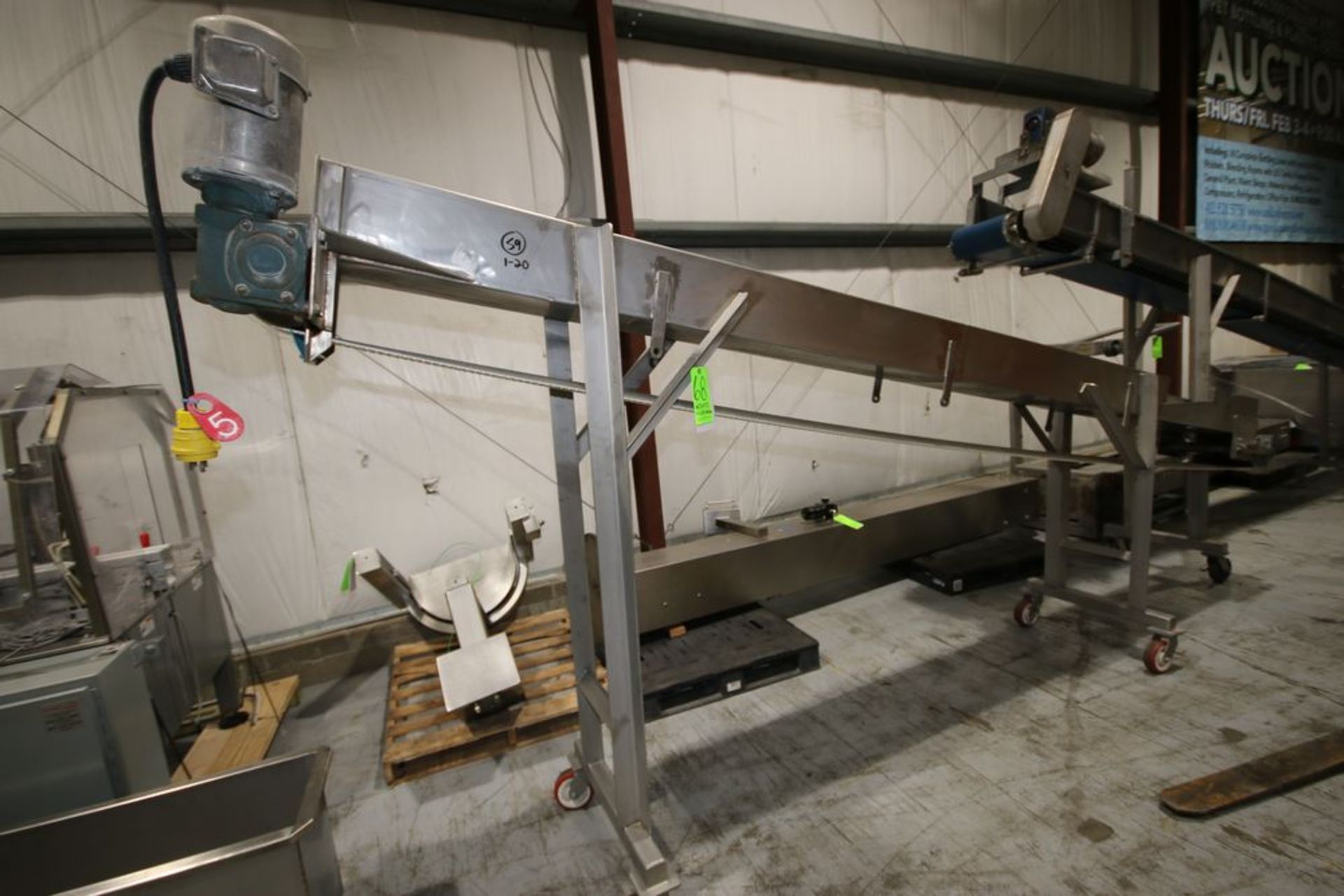 S/S Incline Conveyor, with Aprox. 11" W Rubber Belt, with S/S Clad Motor, Overall Dims.: Aprox. 175"