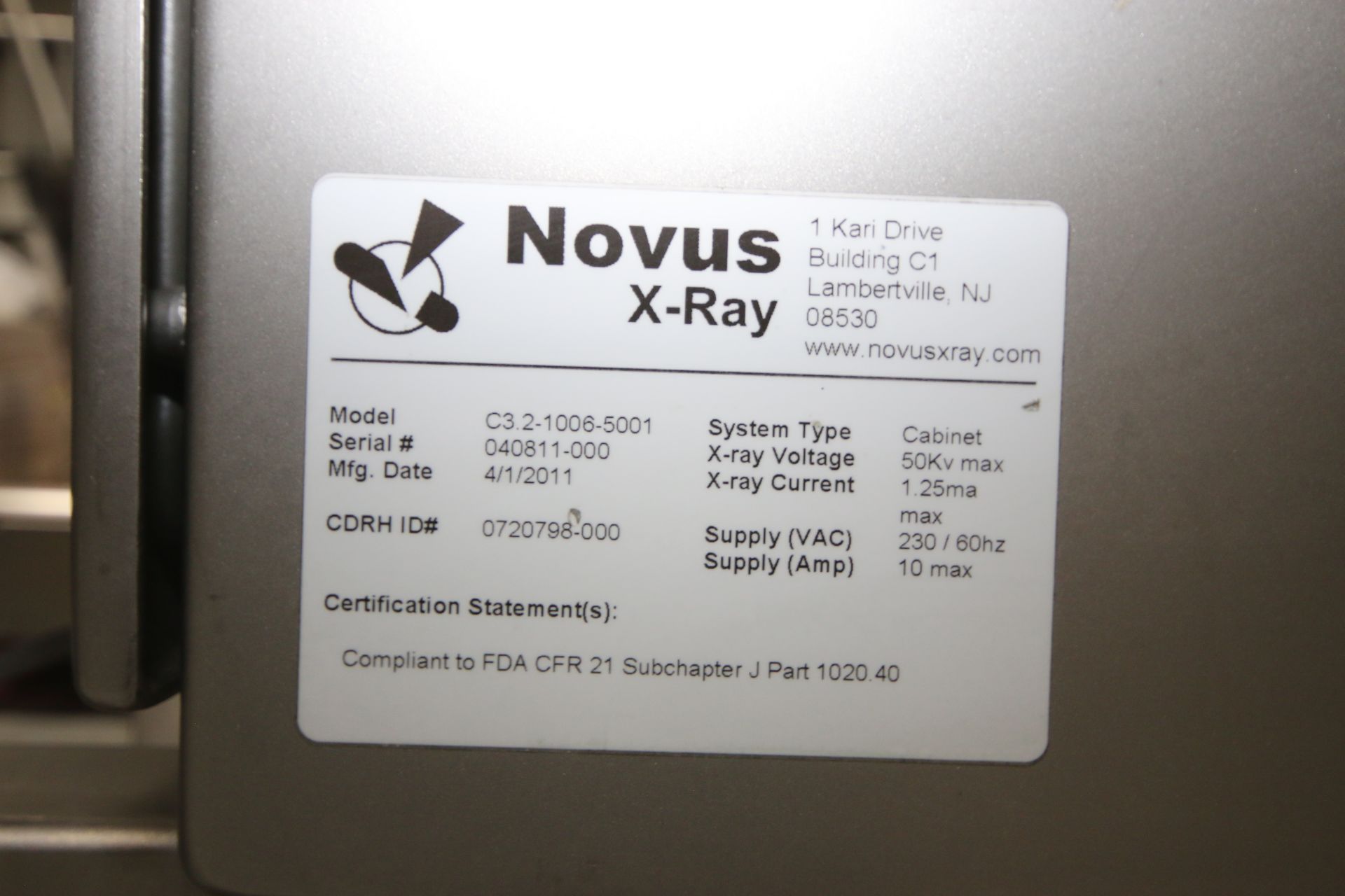 2011 Novus S/S X-Ray, M/N C3.2-1006-5001, S/N 040811-000, with Control Screen, with Aprox. 15" W x - Image 3 of 7