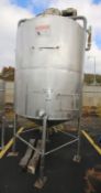 Aprox. 1,000 Gal. Dome Top Cone Bottom S/S Jacketed Tank, with 5/2.5 hp 1740/840 RPM Agitator,