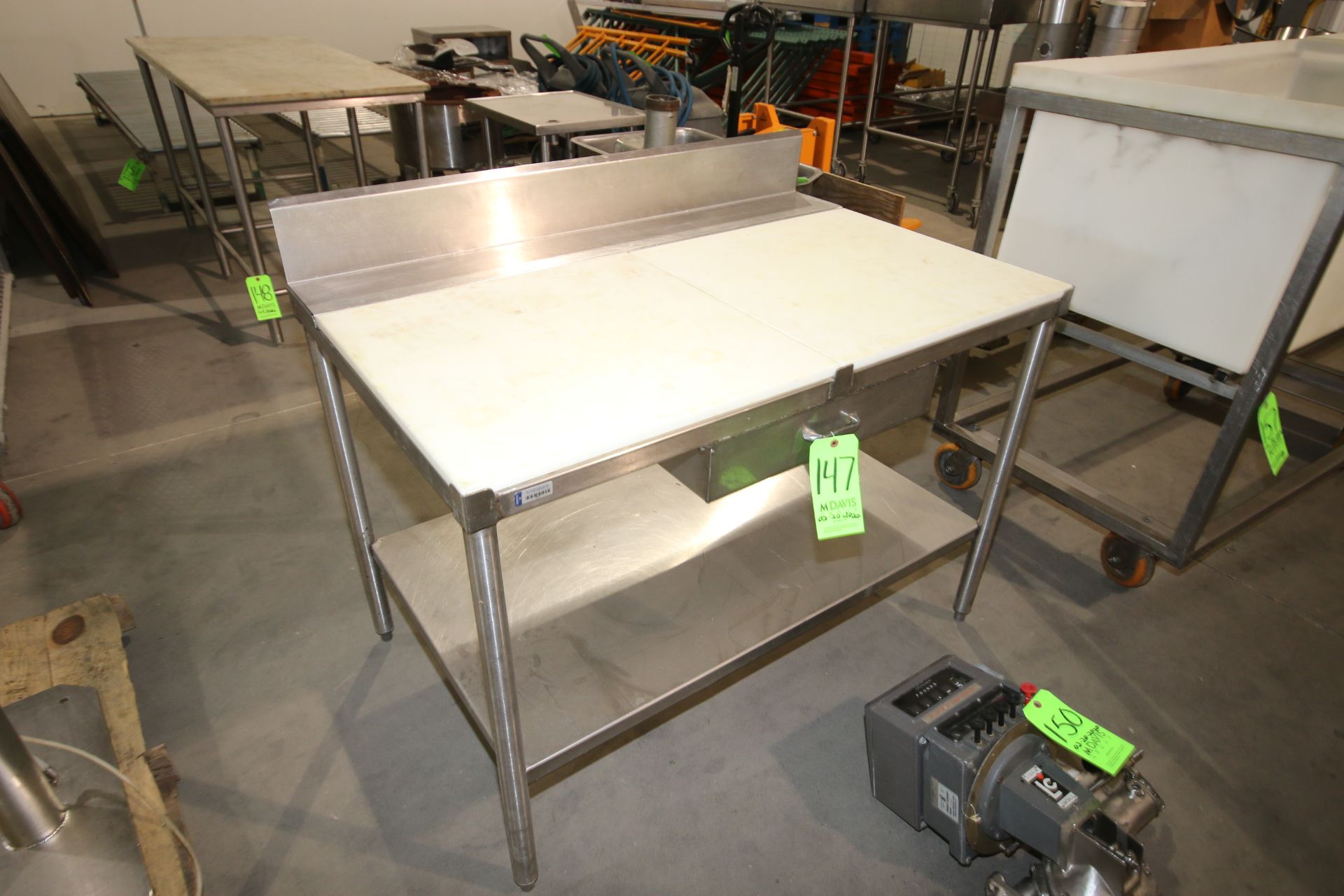 S/S Table with Cutting Board Table Top, Overall Dims.: Aprox. 48" L x 30" W x 39" H (LOCATED IN