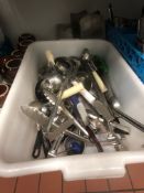 Serving Utensils in Plastic Tub Including Ladels, Ice Cream Scoops and Tongs