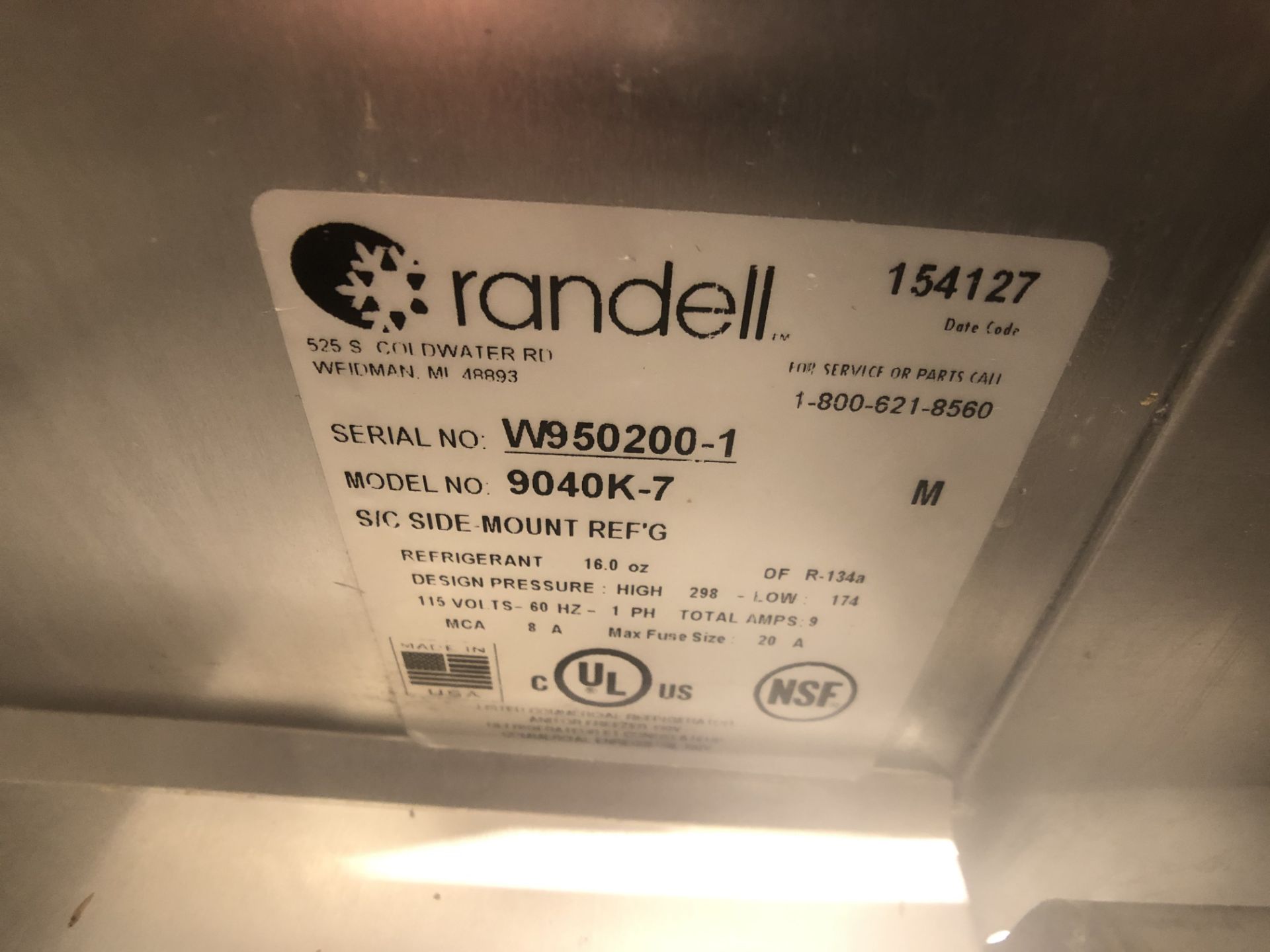 Randell 60" Refrigerator / Sandwich Prep Table, Model 9040K-7, S/N W950200-1, (2) Sections, 60" W - Image 4 of 4