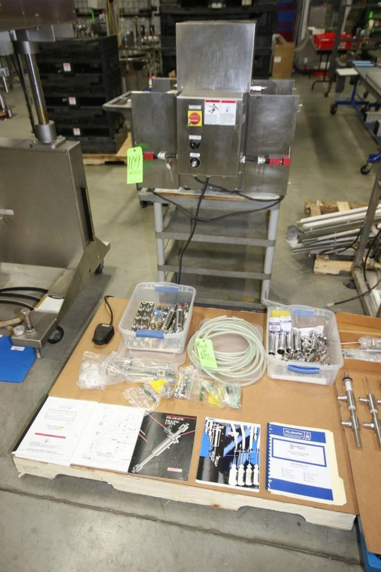 Filamatic Liquid Filling Machine, M/N DAB-8-4, S/N 021238, with Foot Pedal, with Spare Parts