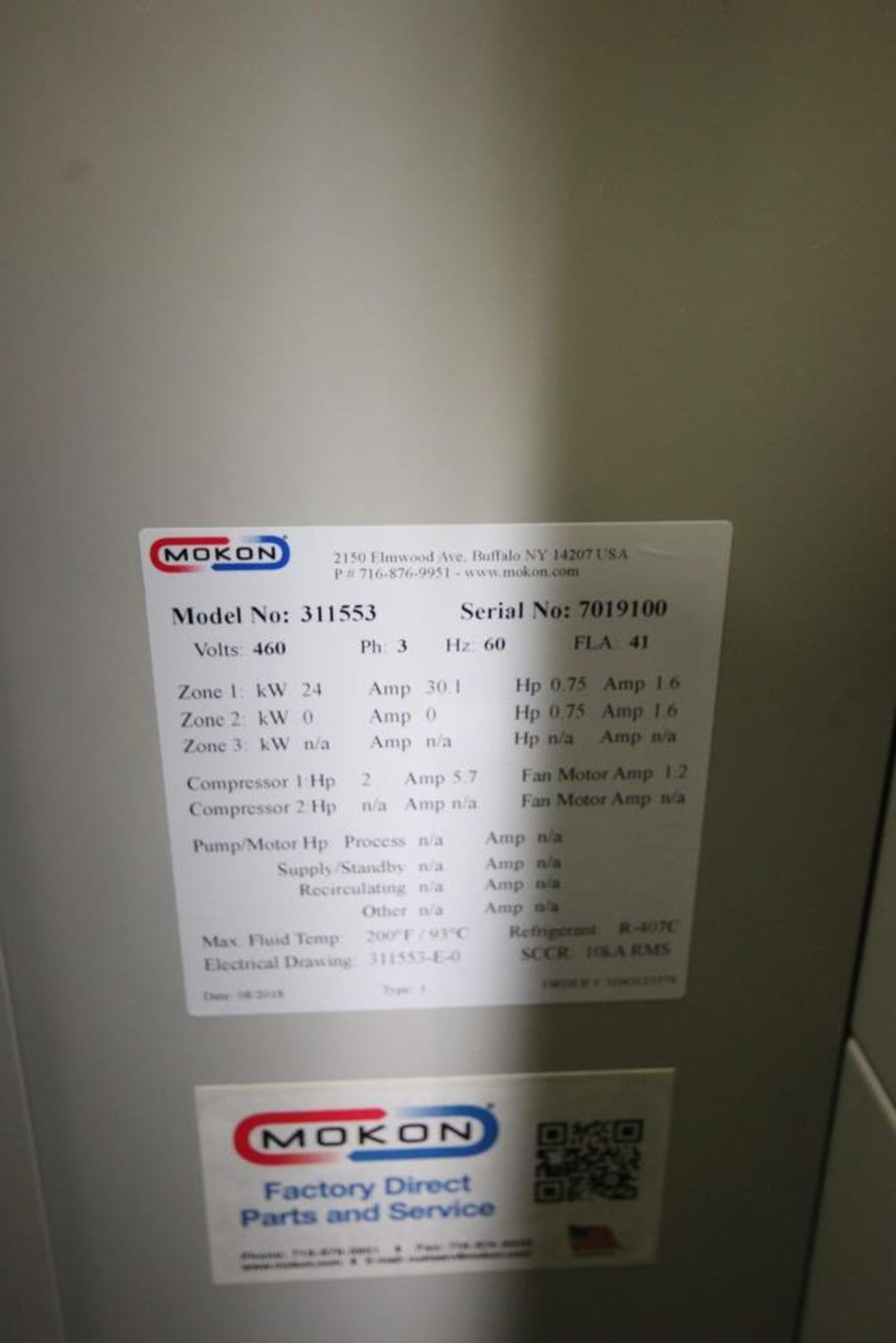 Mokon Self-Contained Chiller, M/N 311553, S/N 7019100, Max. Fluid Temp.: 200 F/93 C, Refrigerant: - Image 3 of 4