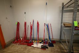 Large Assortment of Squeegees, Dust Pans, Brooms, Push Brooms, Brushes, and Other Present Contents