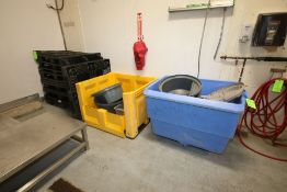 Lot of Assorted (12) Plastic Pallets, (1) Plastic Tote, and (1) Portable Plastic Dumpster (LOCATED