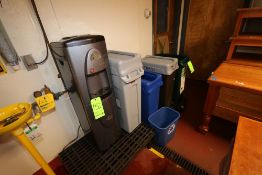 Assortment of Trash Bins, Water Dispenser, and (1) Plastic Dunnage Rack (LOCATED IN GLOUCESTER,