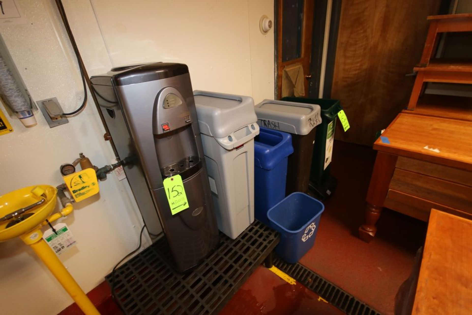 Assortment of Trash Bins, Water Dispenser, and (1) Plastic Dunnage Rack (LOCATED IN GLOUCESTER,