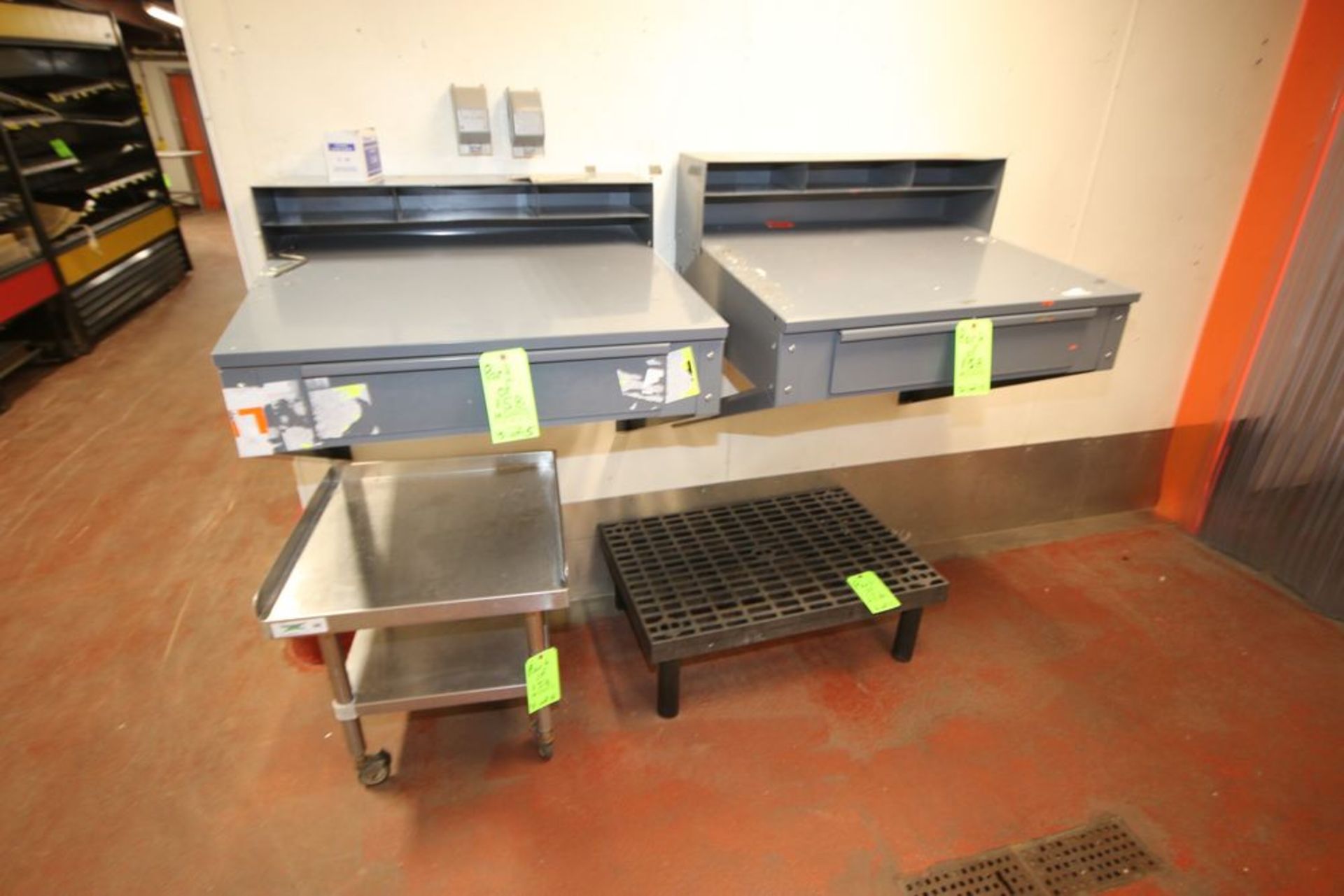 Lot of (2) Wall Mounted Foreman Desks, (1) S/S Portable Table, (1) Plastic Dunnage Rack, and (1)