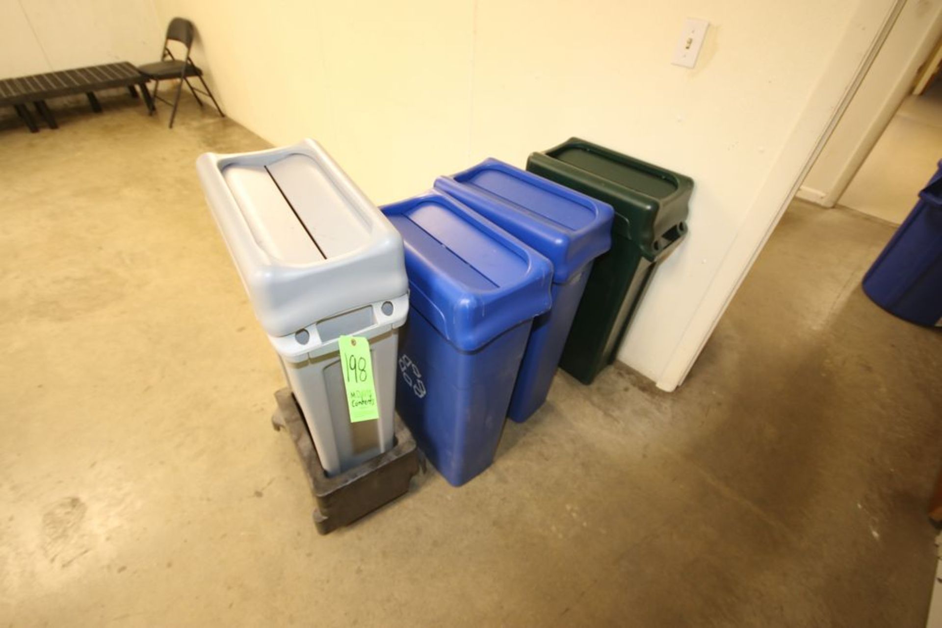 Lot of Assorted Trash & Recycling Bins, (1) on Portable Scooter, with (3) Plastic Dunnage Racks with