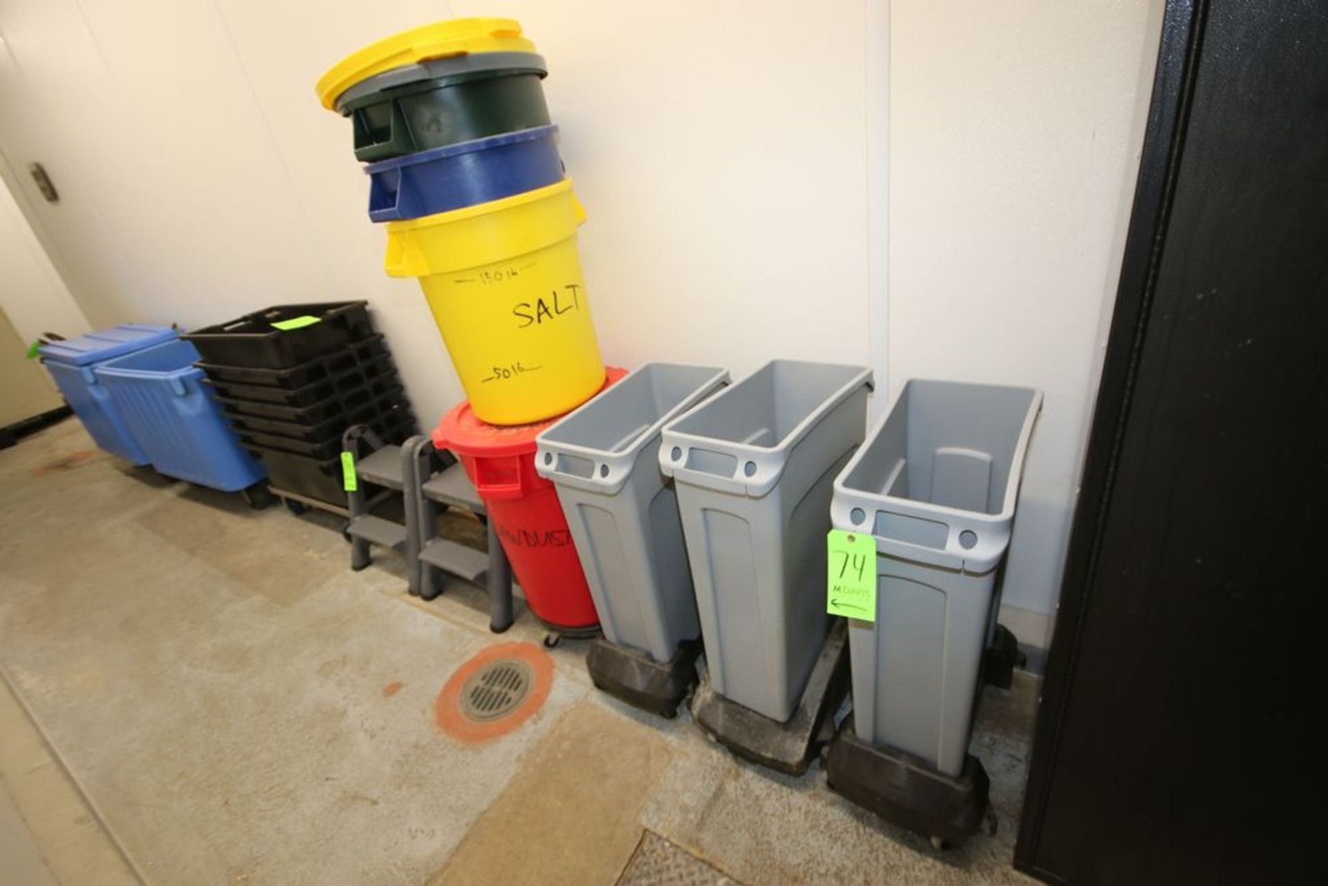 Lot of Assorted Trash Bins, Some on Portable Carts, and (2) Stepping Stools (LOCATED IN GLOCESTER,