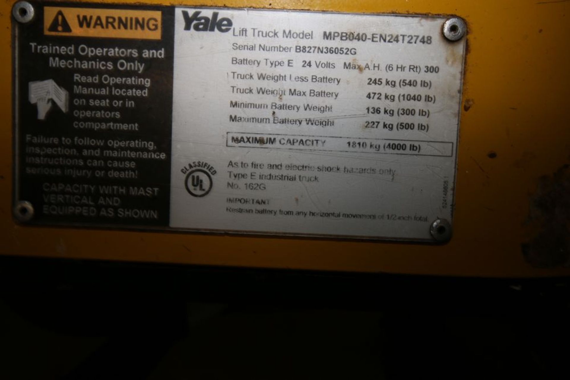 Yale 4,000 lb. Electric Pallet Jack, M/N MPB040-EN24T2748, S/N B827N36052G, with Battery (NOTE: - Image 3 of 4