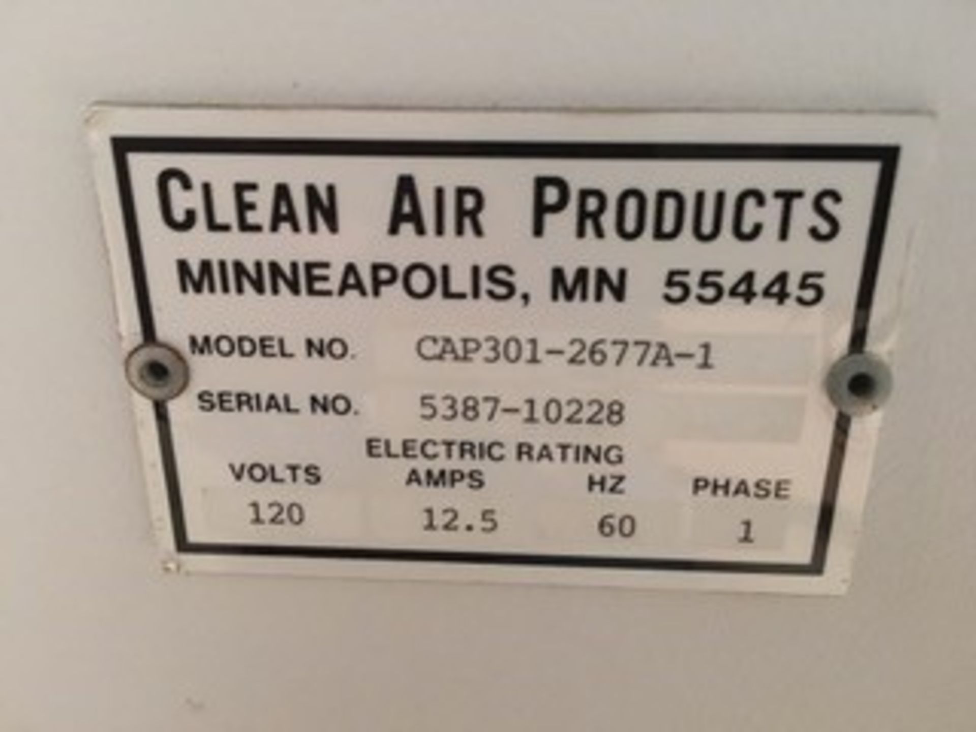 Clean Air Products Laminar Flow Workbench, M/N CAP301-2677A-1, S/N 5387-10228, 120 Volts, 1 Phase, - Image 3 of 6