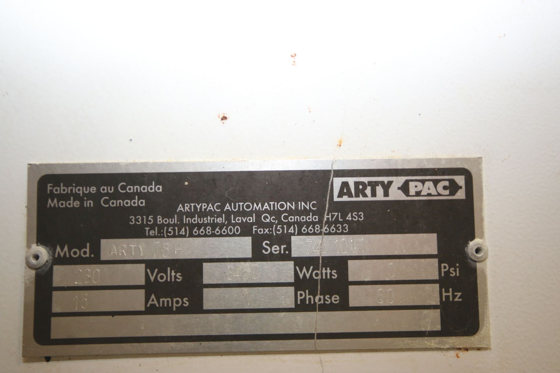 Arty-Pac Horizontal Wrapper, M/N ARTY 75H, S/N 748 101.1, 230 Volts, 1 Phase, with Aprox. 9' S/S - Image 4 of 14