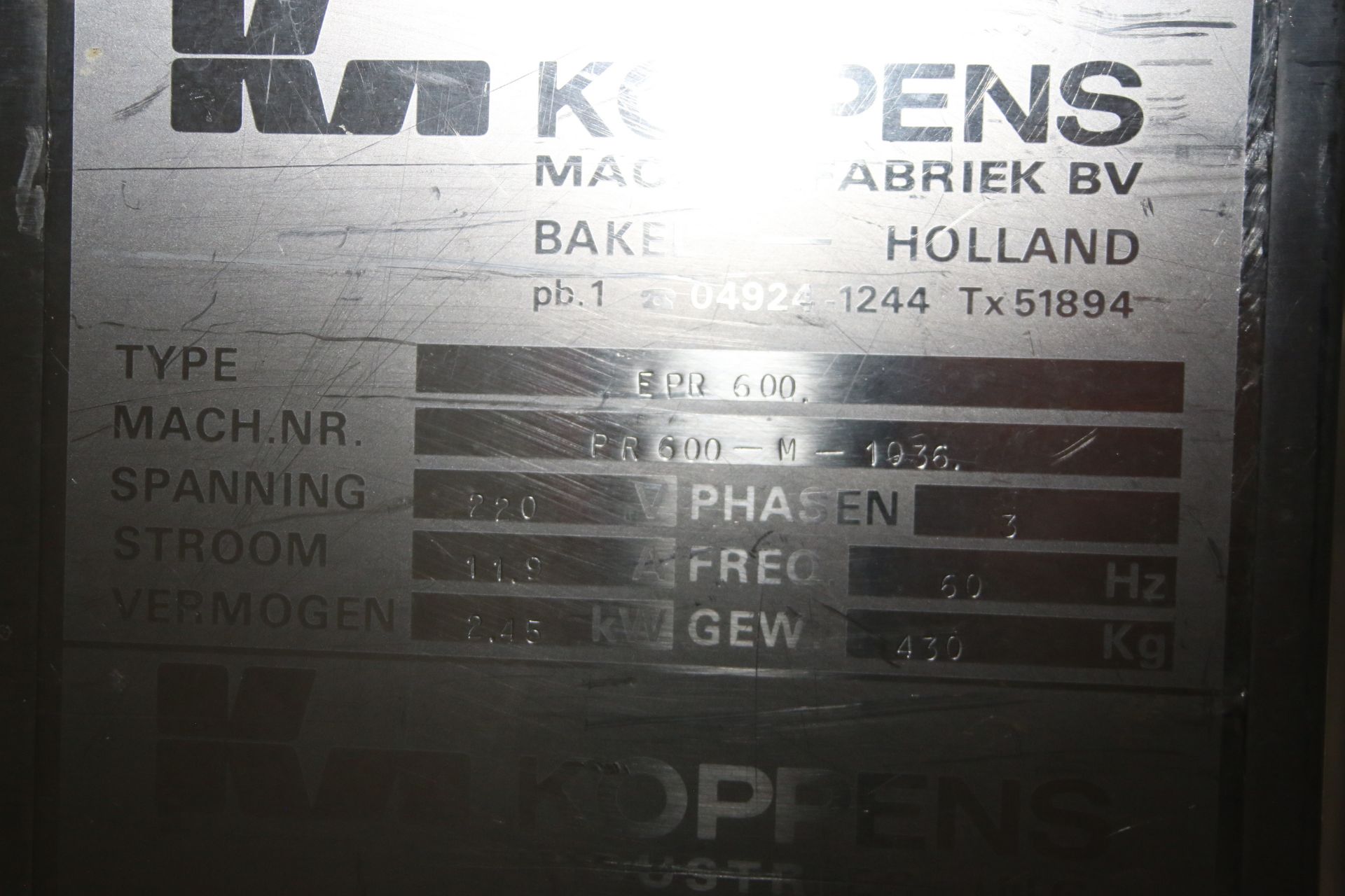 Koppens Batter/Breader, Type EPR600, Machine #: PR600-M-1036, 220 V, 3 Phase, Variable Speed - Image 9 of 14