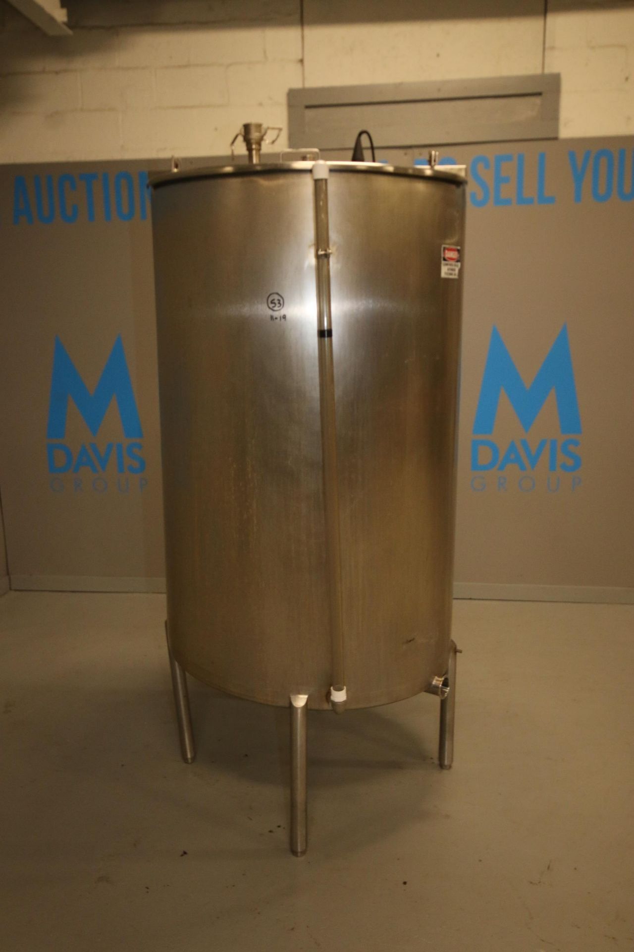 Aprox. 250 Gal. S/S Single Wall Vertical Tank, with (1) S/S CIP Spray Ball, Tank Dims.: Aprox. 59" H