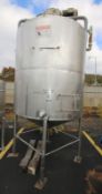 Aprox. 1,000 Gal. S/S Jacketed Tank, Dome Top Cone Bottom, with 5/2.5 hp 1740/840 RPM Agitator, 460V