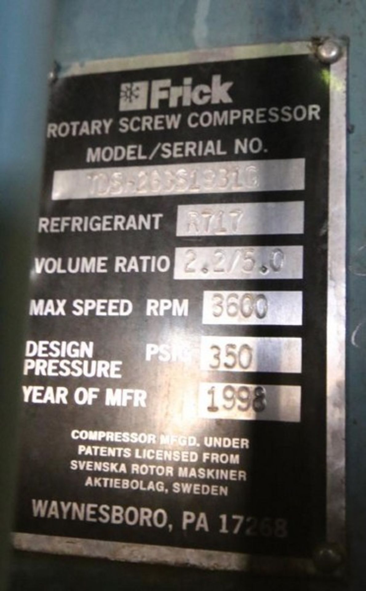 1998 Frick hp 250 hp Screw Ammonia Compressor, Frame Model RWBII316B, SN S0416TFMFL0AA03, Screw Head - Image 7 of 11