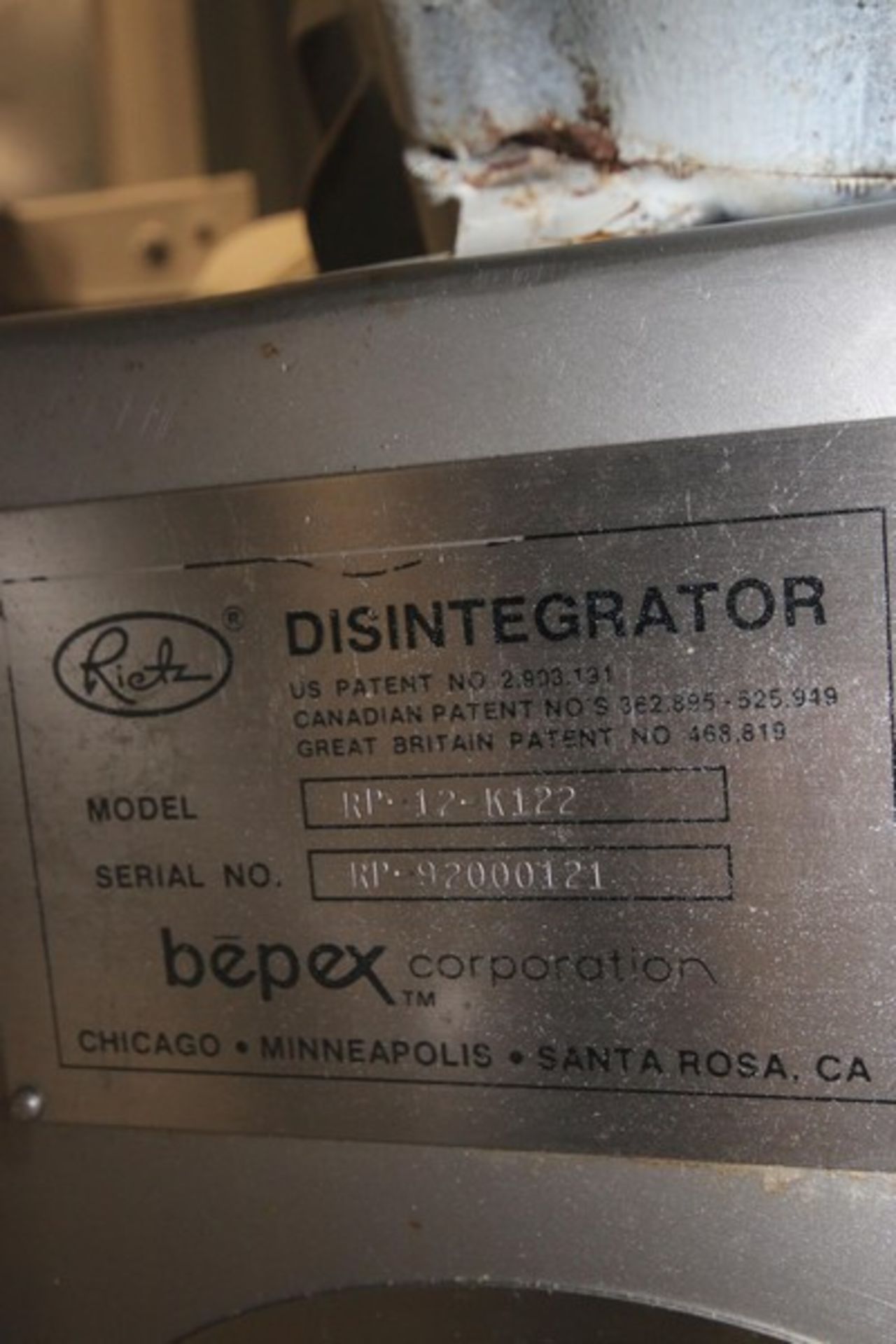 Rietz S/S Disintegrator, M/N RP-12-K122, S/N RP-92000121, with Baldor 15 hp Motor, 1760 RPM, 230/460 - Image 13 of 13