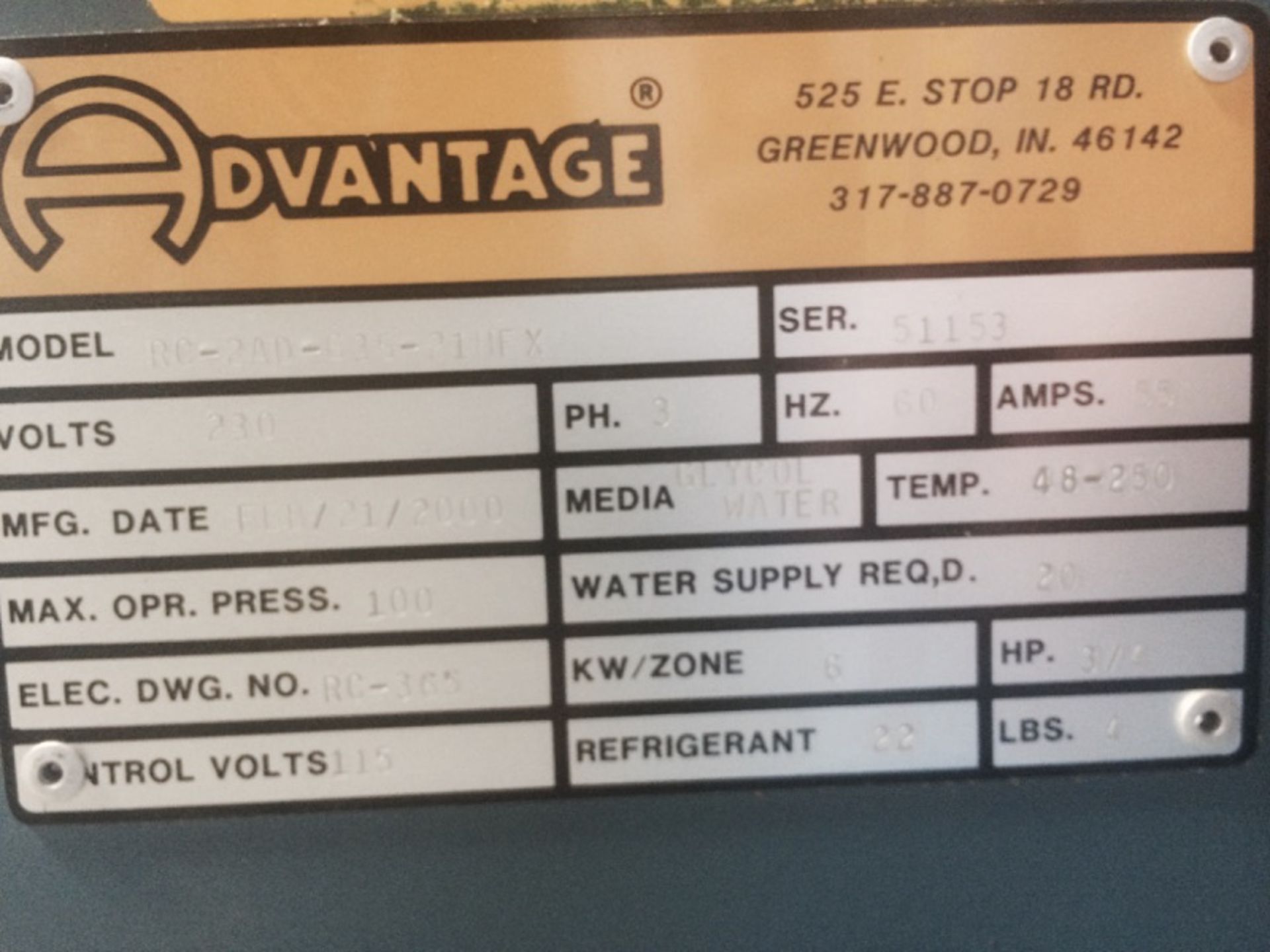 Used Advantage Chiller, Model RC-2AD-635-21HFX, 2 Ton Capacity, Media Glycol/Water, Rated 100 psi, - Image 4 of 4