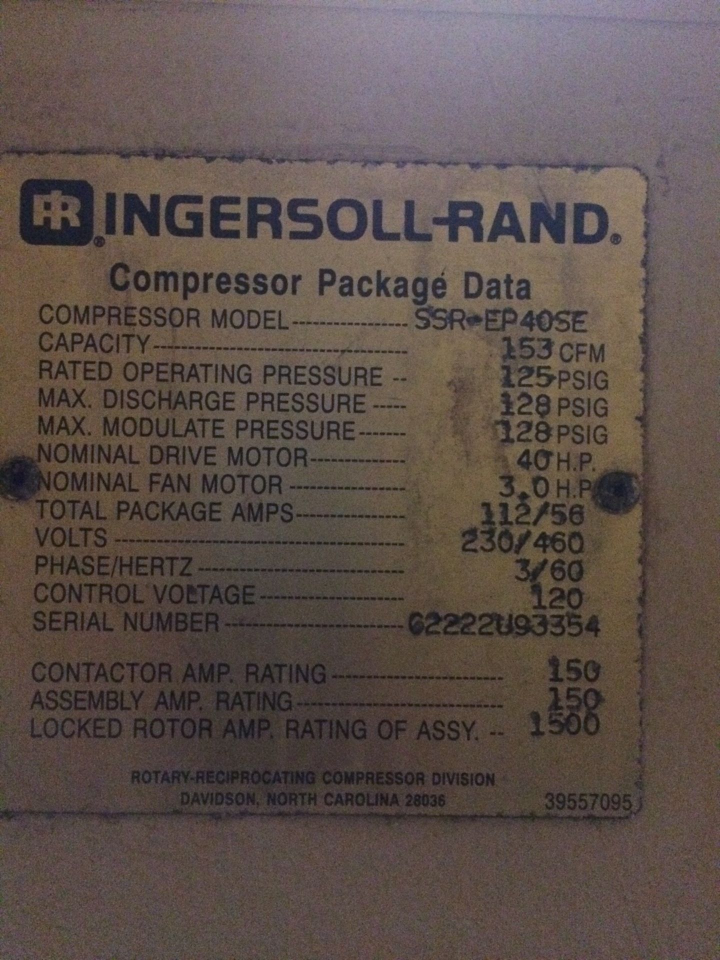 Used Ingersoll Rand 40 HP Air Compressor, Model SSR-EP 40SE, 153 CFM, 125 PSI, 40 HP Nomical Drive - Image 3 of 3