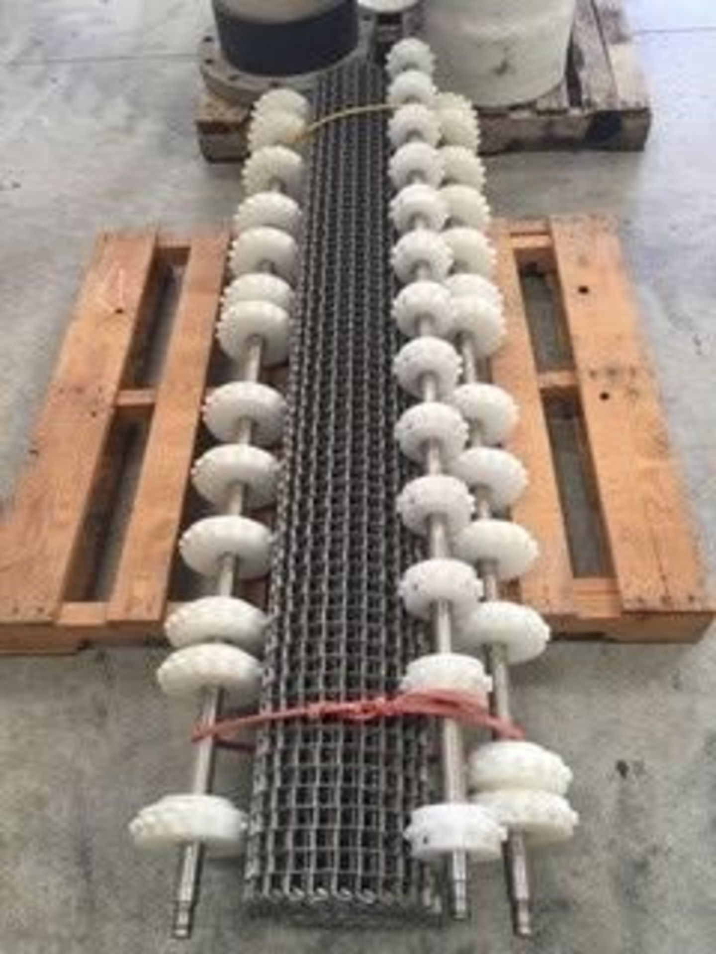 S/S Mesh Conveyor Belt, Aprox. 12' L x 6' W, with Various (3) S/S Shafts, with UHMW Gears to Match