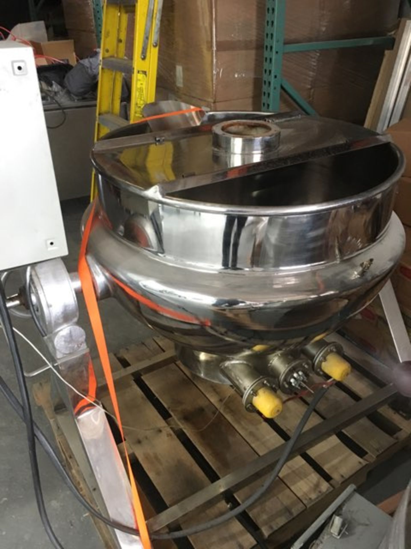 Approximately 50 Gal. Polished S/S Hemi Bottom Kettle, Self Contained Electric/Hot Oil Jacket.