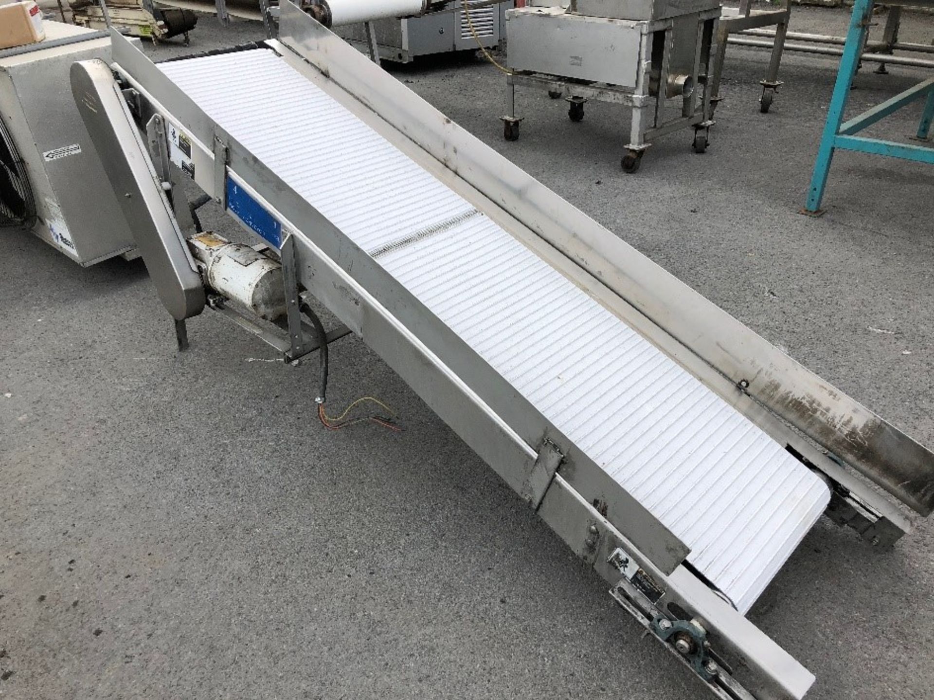 7'6" ~18" W PVC Cleated Belt Incline Conveyor, S/S with Sides, Half HP Motor and Gearbox, Good