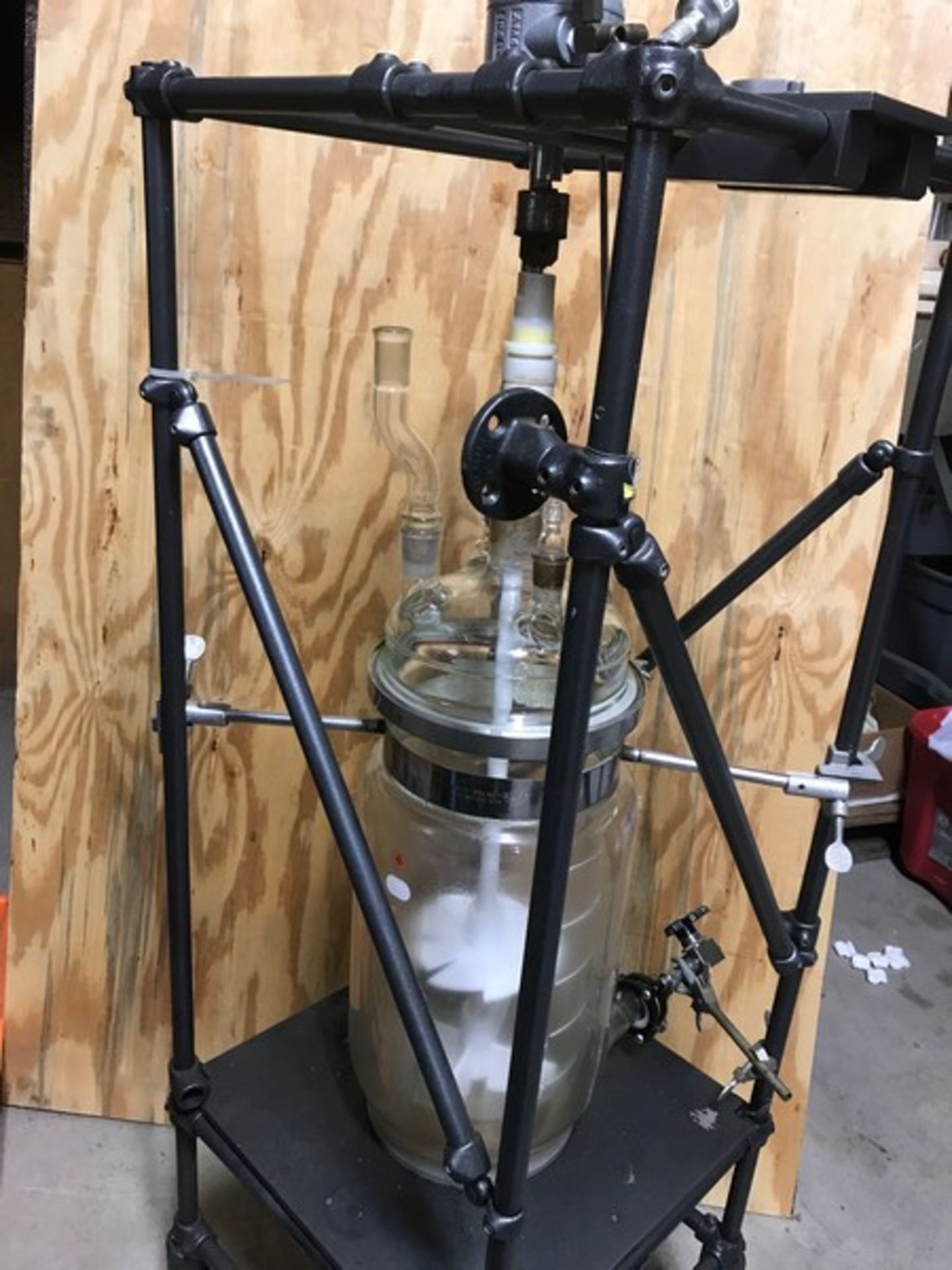 Used 10 liter glass jacketed reactor with mixer.  Top built by Chemglass.  Bottom built by ACE -