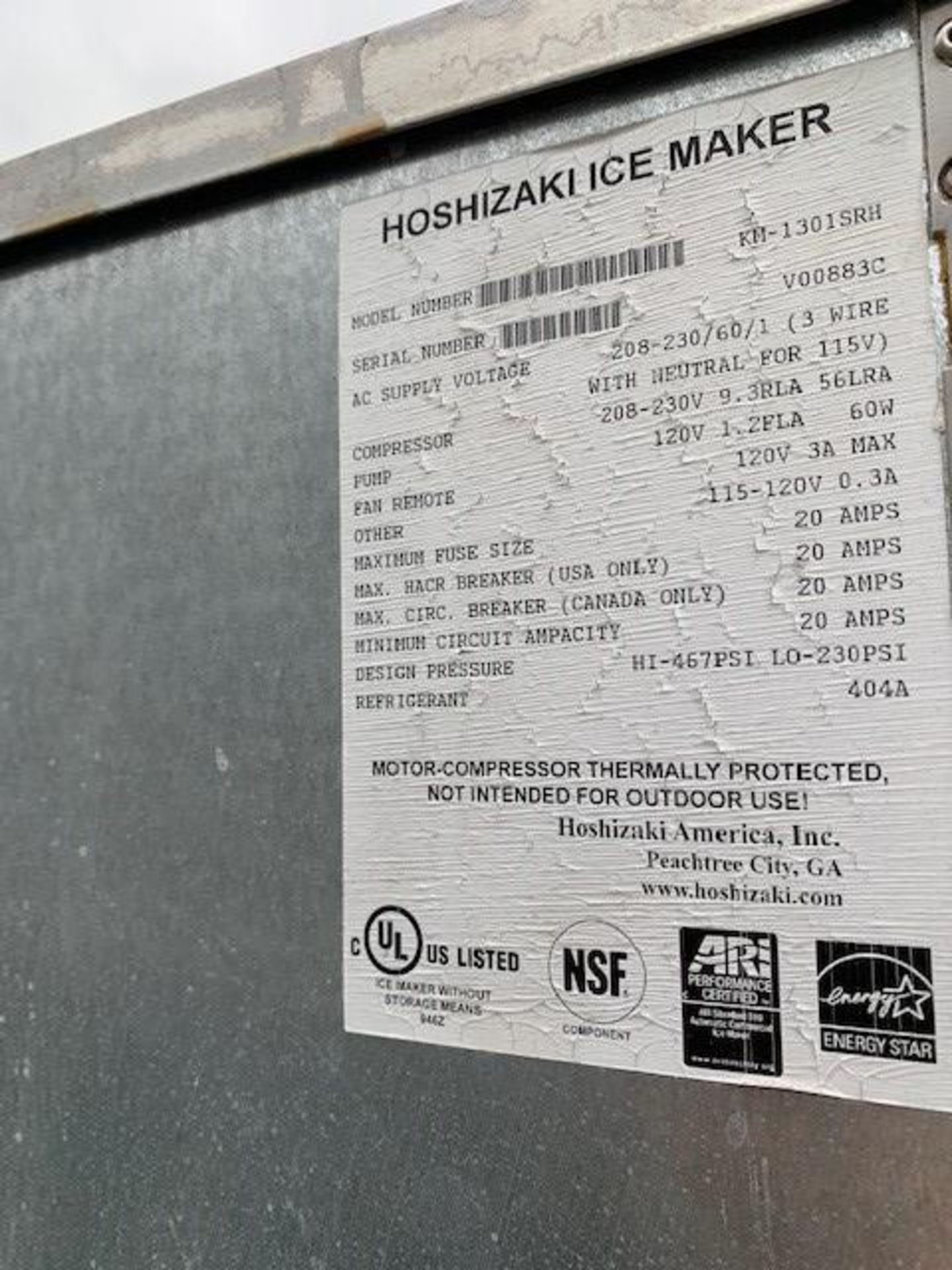 Hoshizaki Ice Maker, Model KM-1301SRH, S/N V00883C, 208-230/60/1 - Image 4 of 4