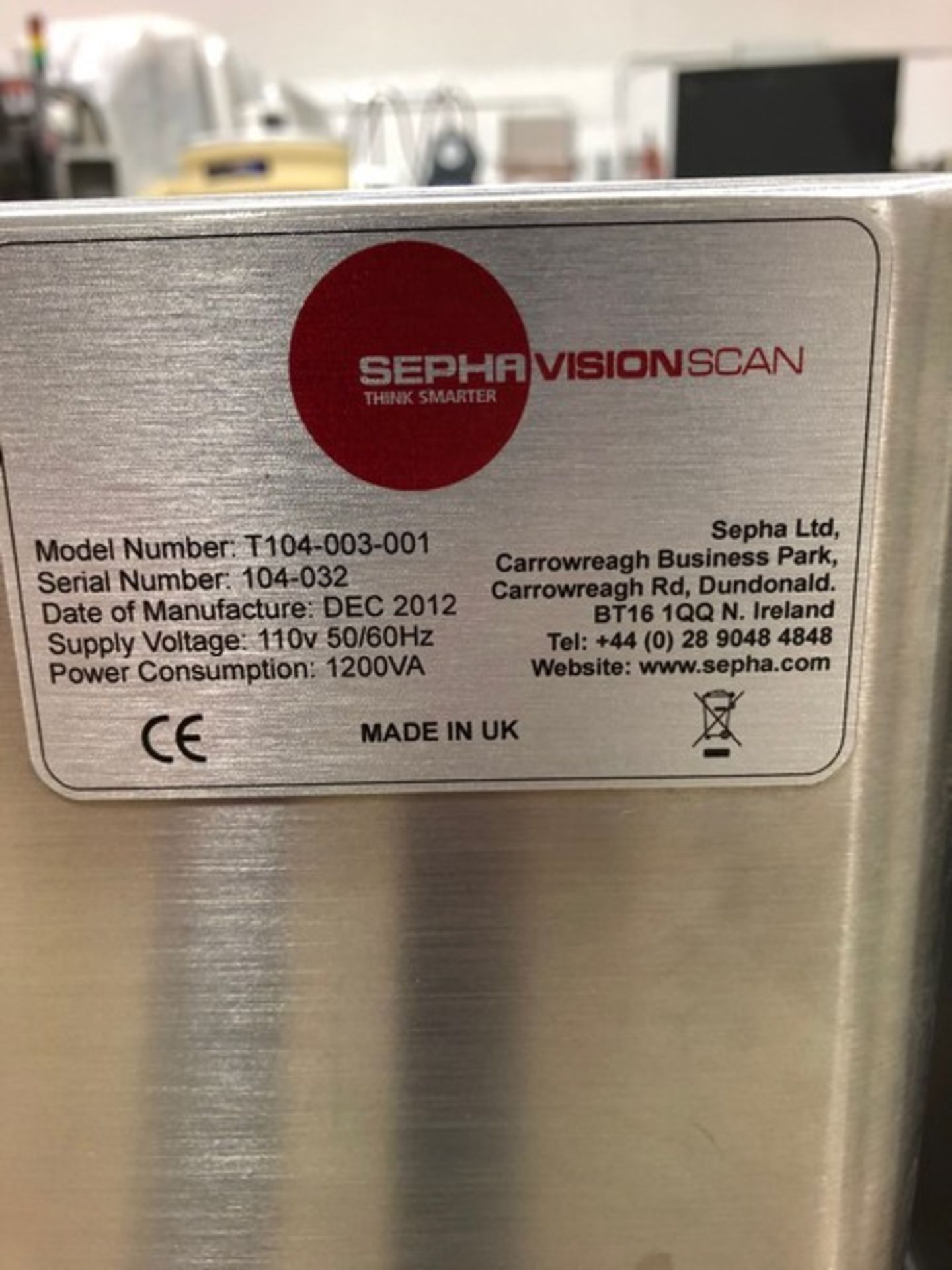 Sepha Vision Scan Model#: T104-003-001 (Mfg Dec 2012) 110 Volts, 50/60 Hz. As shown in photos ( - Image 2 of 2