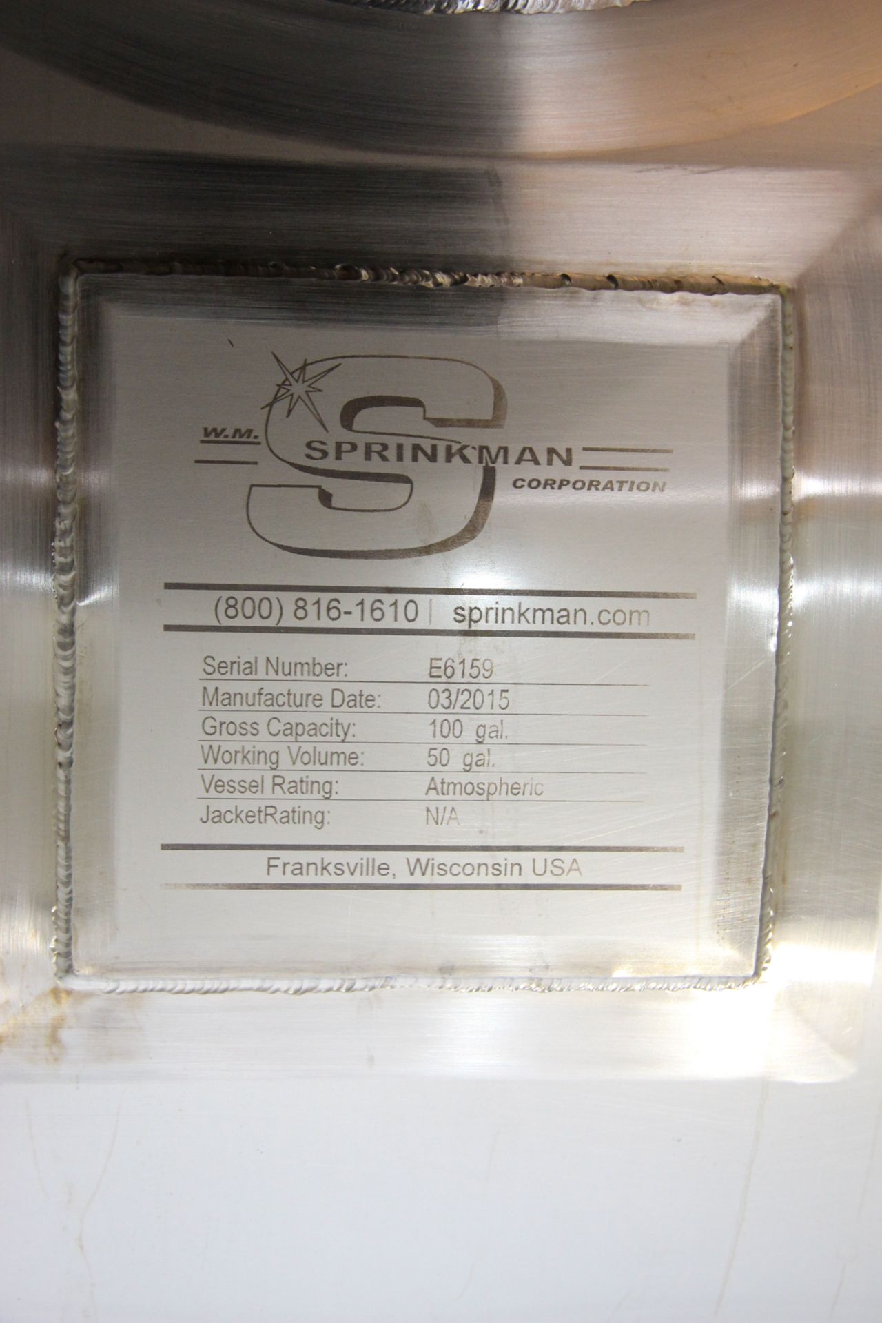 2015 SPRINKMAN 100 GALLON S/S BUTTER CHURN, S/N E6159, 50 GALLON WORKING VOLUME, ATMOSPHERIC VESSEL, - Image 7 of 12