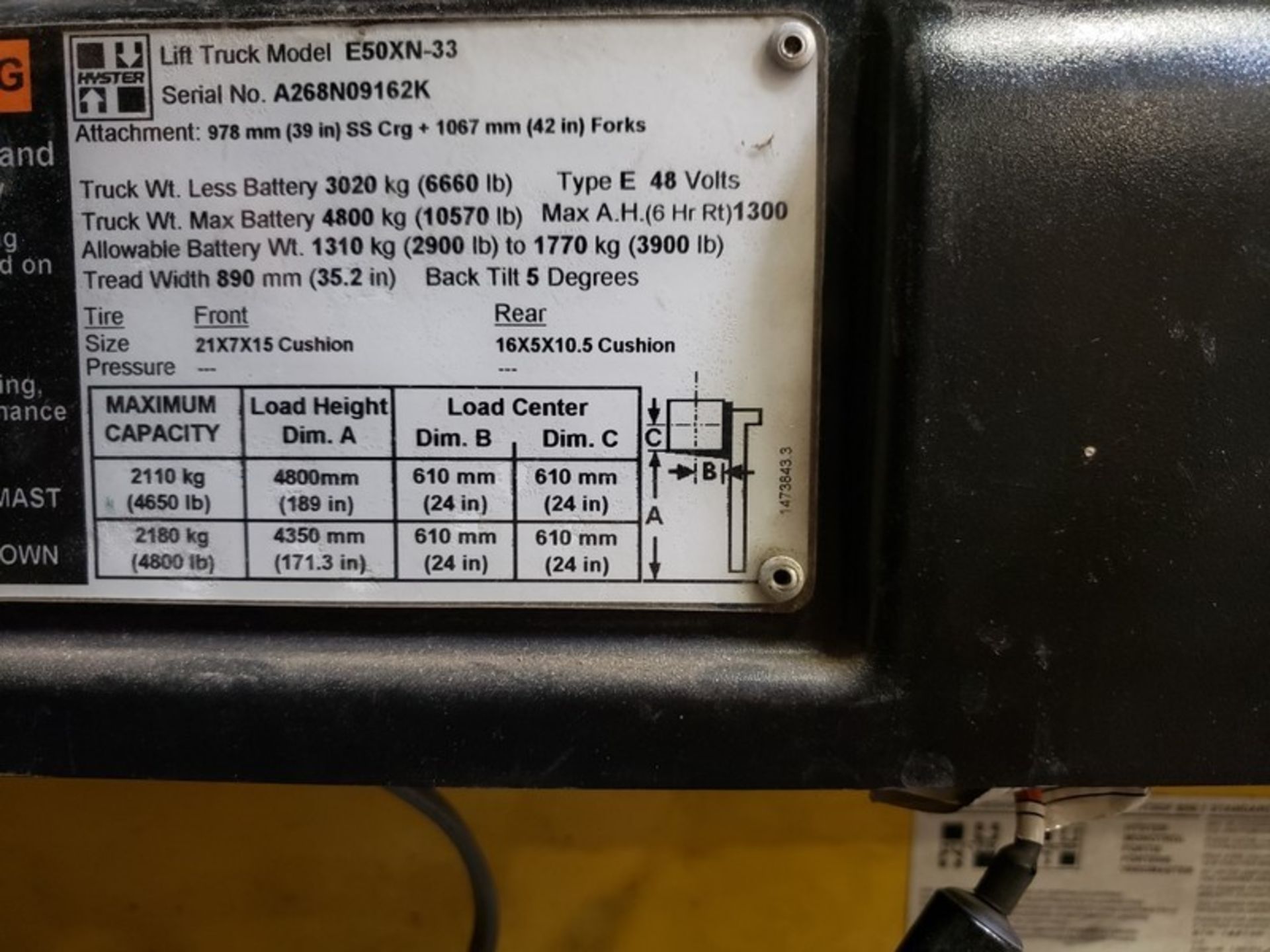 Hyster Aprox. 4,800 lb. Lift Truck, Model E50XN-33, S/N A268N09162K with 3-Stage Mast, 189" Lift and - Image 7 of 8