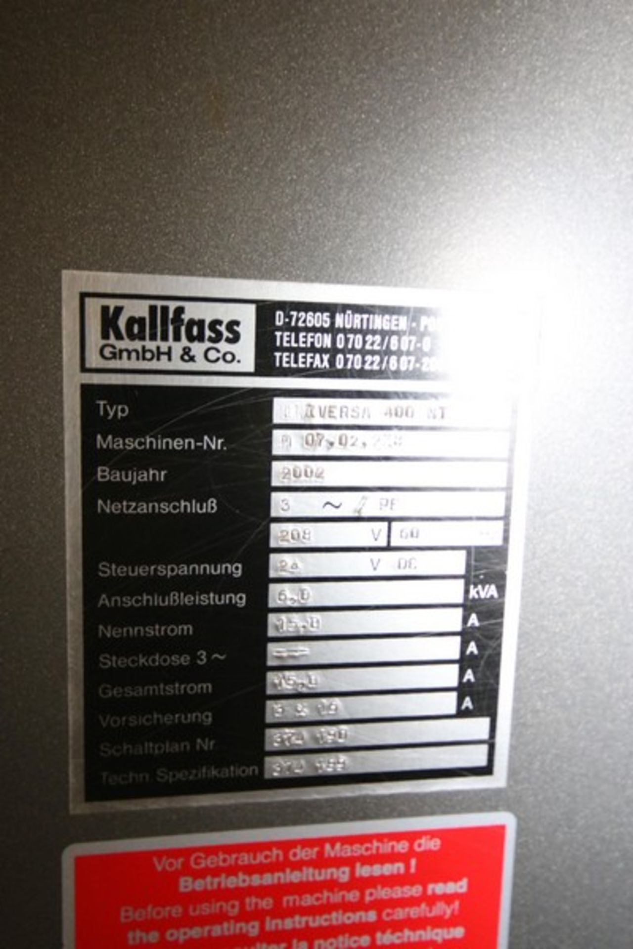 Kallfass Shrink Wrapper, Type UNIVERSA 400 NT, Machine Nr.: M 07.02.28, 208 Volts, 3 Phase, with - Image 10 of 17