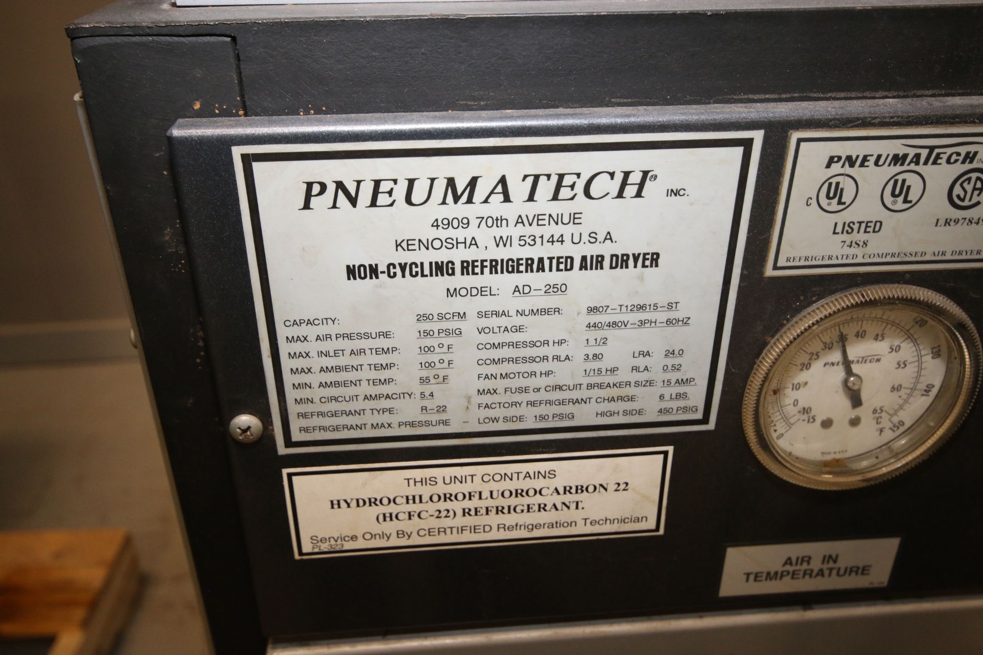 Pneumatic Refrigerated Air Dryer, M/N AD-250, SN 9807-T129615-ST, 150 MAX. PSI, R-22 Refrigerant, - Image 4 of 7