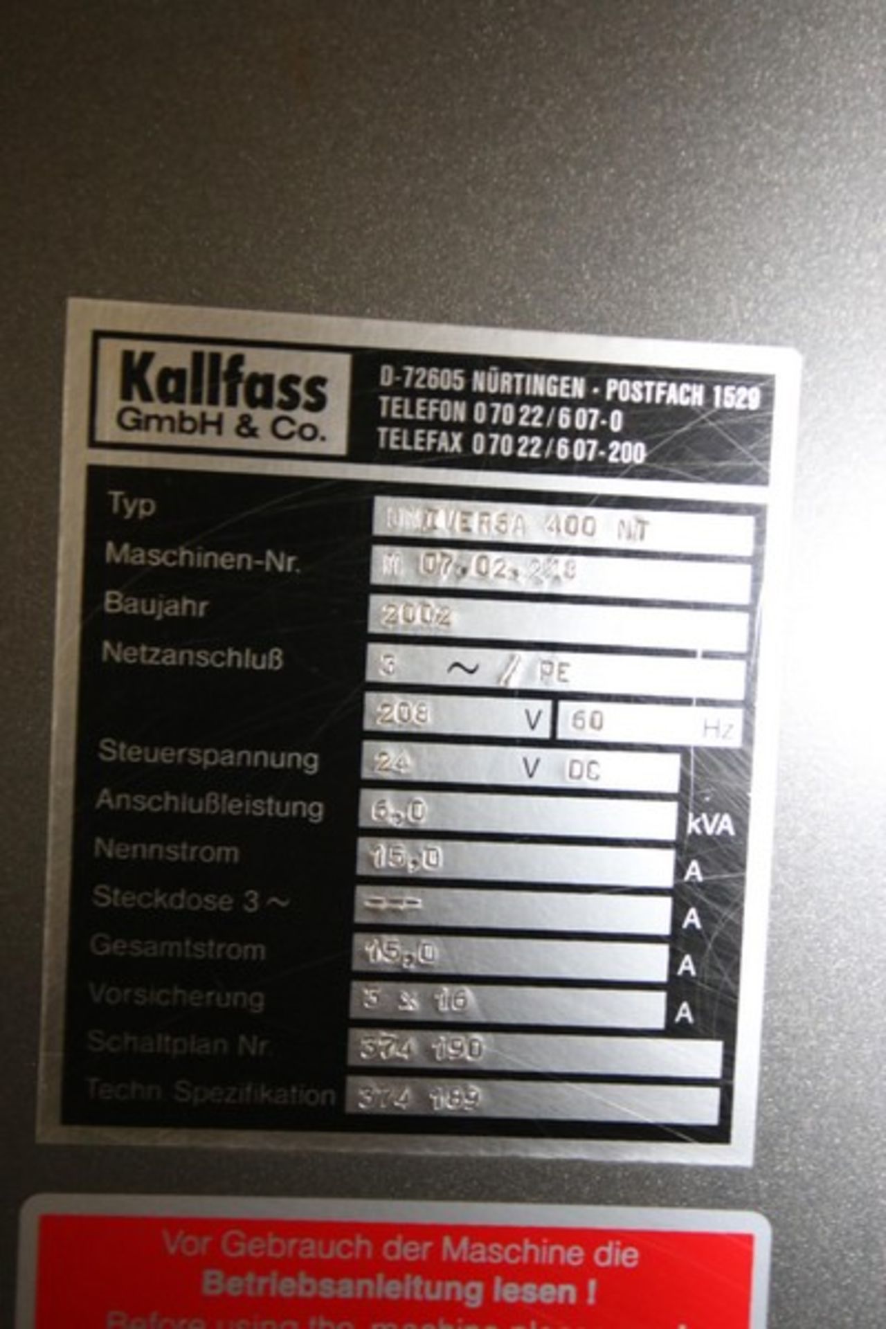 Kallfass Shrink Wrapper, Type UNIVERSA 400 NT, Machine Nr.: M 07.02.28, 208 Volts, 3 Phase, with - Image 4 of 17