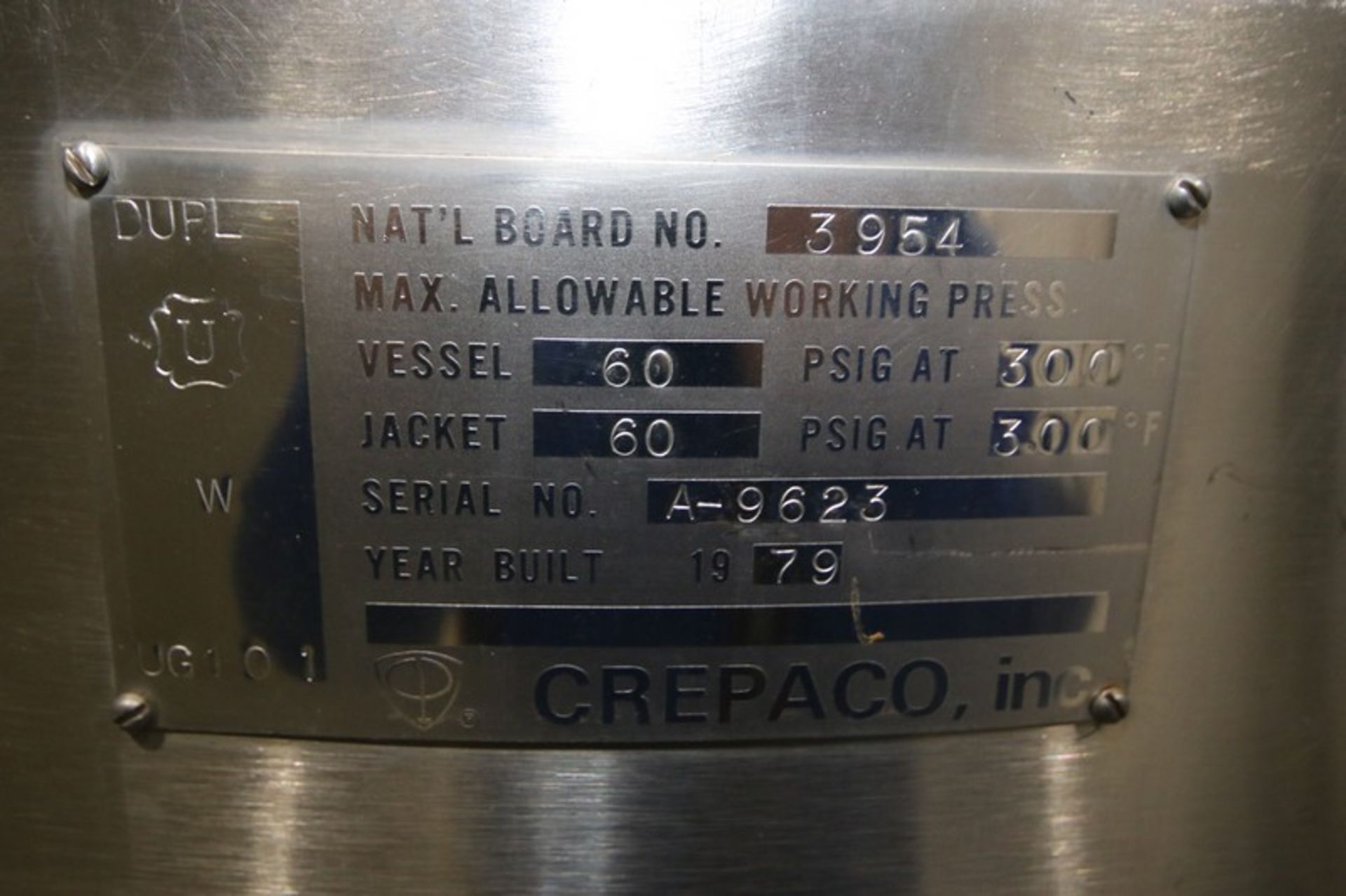 Crepaco Aprox. 150 Gal. S/S Processor, S/N A-9623, NAT'L BD: 3954, Max. Allowable Working Press.: - Image 5 of 17