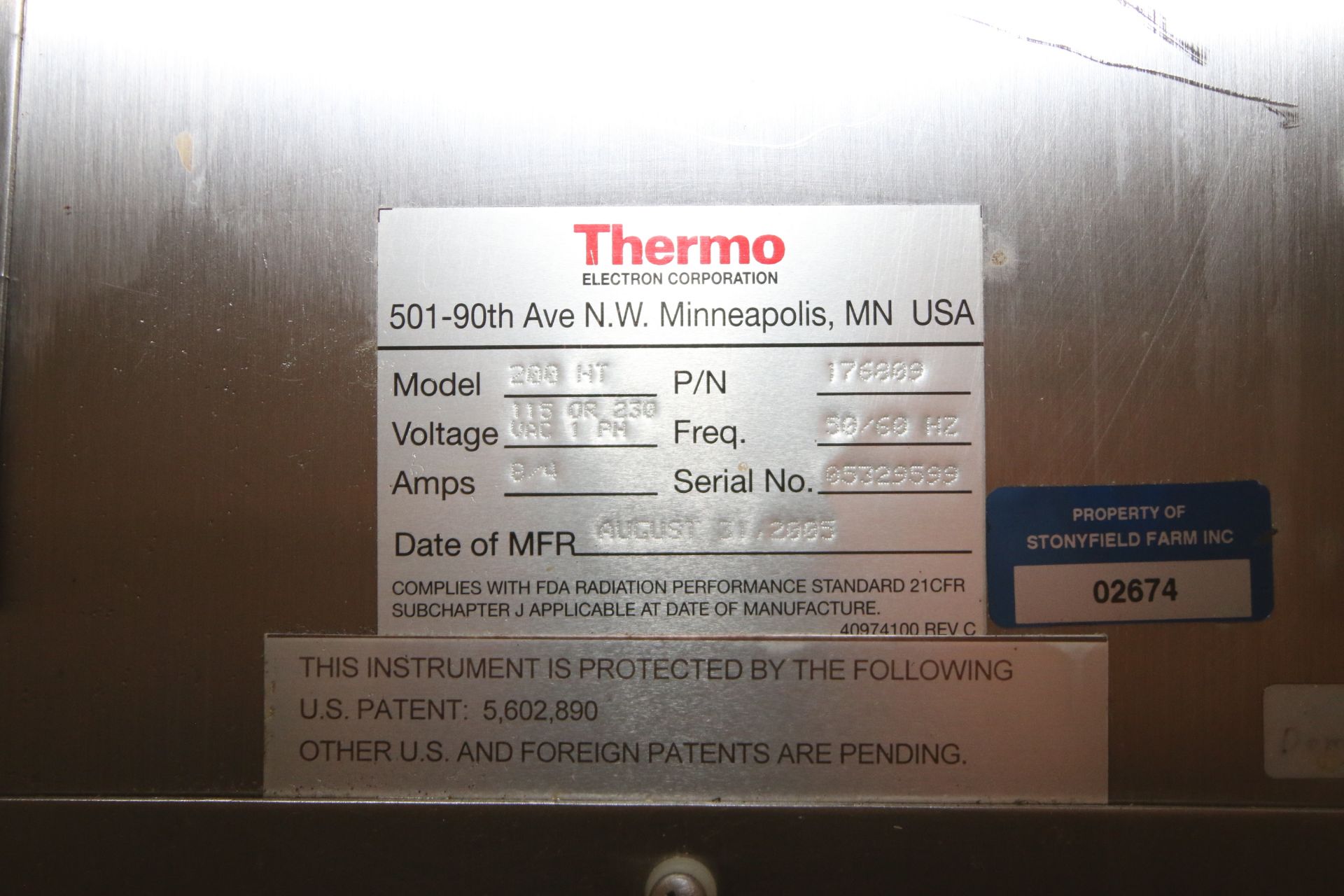 Thermo Electron Inscan S/S X-Ray, M/N 200 HT, S/N 05329599, 115 Volts, 1 Phase, with Aprox. 7" W x - Image 5 of 8