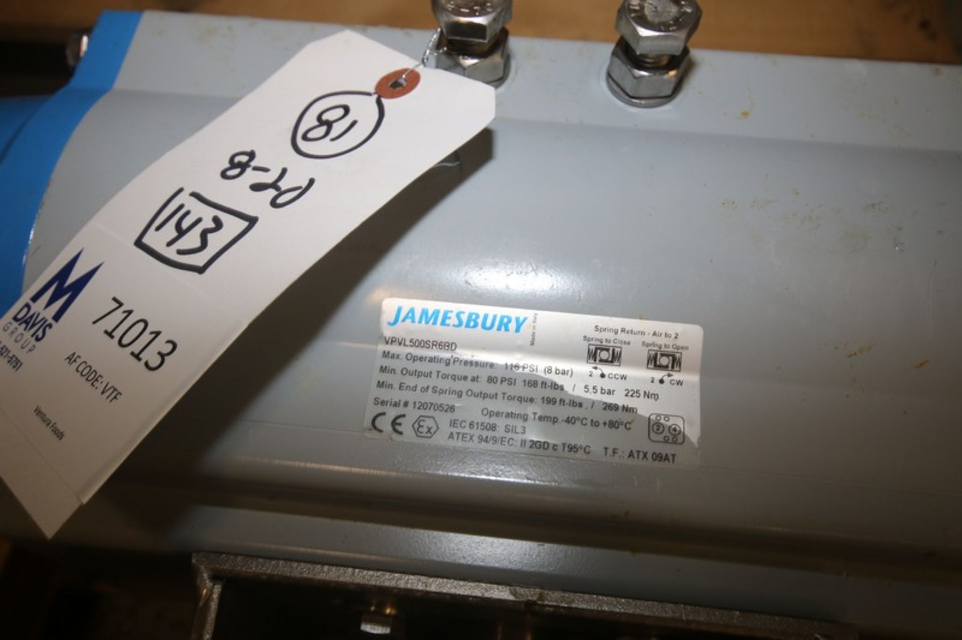 Jamesbury S/S Pneumatic Ball Valves, Aprox. 4" Clamp Type Inlet/Outlet (IN#71013) - Image 7 of 8