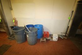 Lot of Assorted Plant Trash Cans, Hose, Misc. S/S & Sponges with Broom Sticks (Located on 1st