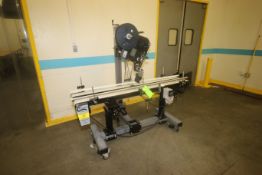 D Technology Labeler, Mounted on (2) Straight Runs of Conveyor, Aprox. 72" L x 4" W Belt, with