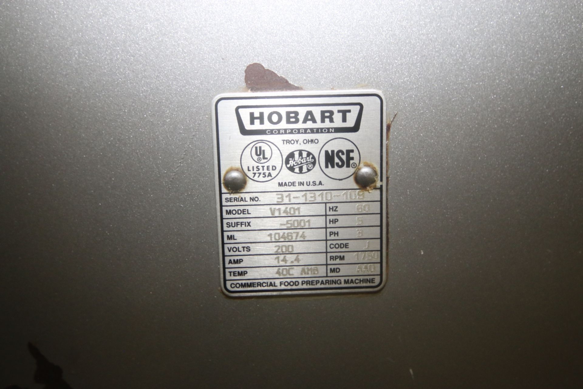 Hobart Mixer, M/N V1401, S/N 31-1310-109, with 5 hp Motor, 1750 RPM, 200 Volts, 3 Phase, with S/S - Image 6 of 7