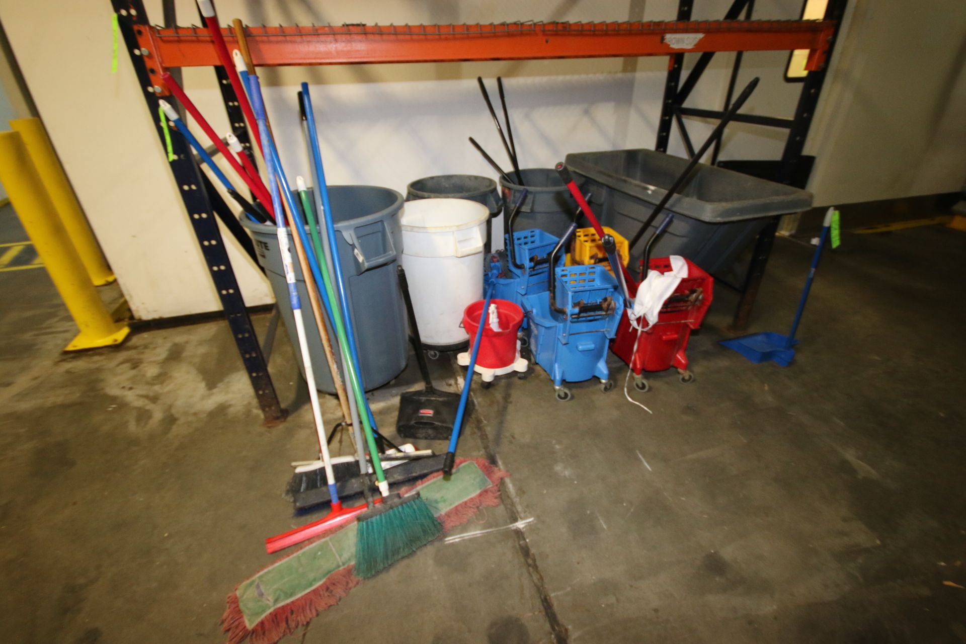 Lot of Assorted Janitorial Supplies, Mops, Mop Portable Buckets, (5) Trash Cans, Portable Plastic - Image 2 of 2