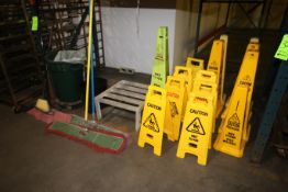 Lot of Assorted Janitorial Supplies, Includes Caution Signs, (3) Floor Brooms, Trash Cans, & Other