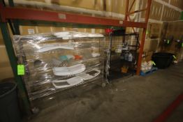 Lot of Assorted S/S Rack with Plastic Scoops & Lids, Cage, & Pallet of Cleaning Supplies (LOCATED AT